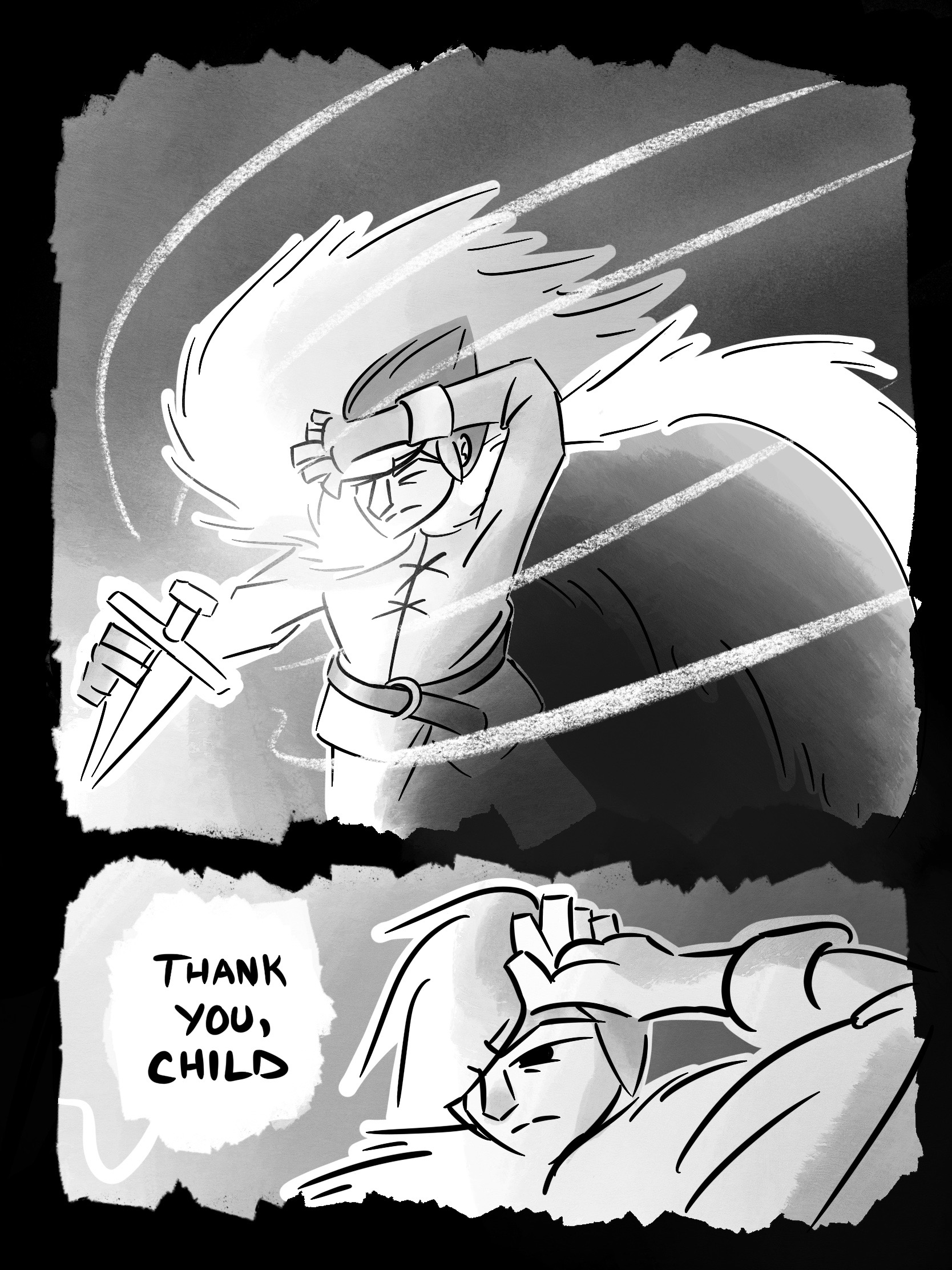 PANEL 1: VOICE FROM BLADE: "For centuries, I've been sealed in this blade"
PANEL 2: VOICE FROM BLADE: "Only by breaking the gem in it's hilt can I be freed"
PANEL 3: VOICE FROM BLADE: "So please, I beg you–"
