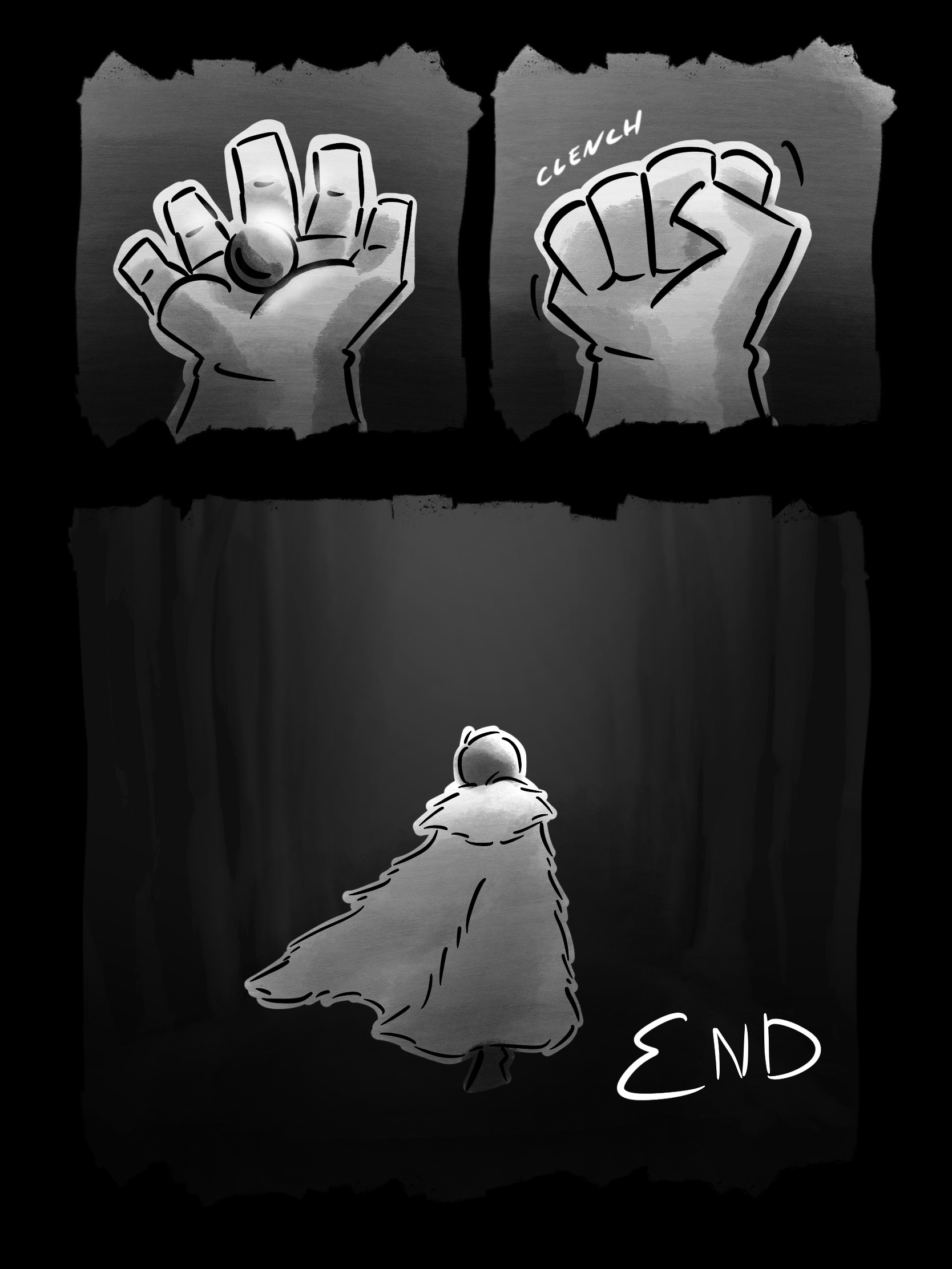 PANEL 1:
The Traveler stares at the jewel in their hand.
PANEL 2:
The Traveler grips the jewel tightly
PANEL 3:
The Traveler begins to walk down the forest path. "End"
