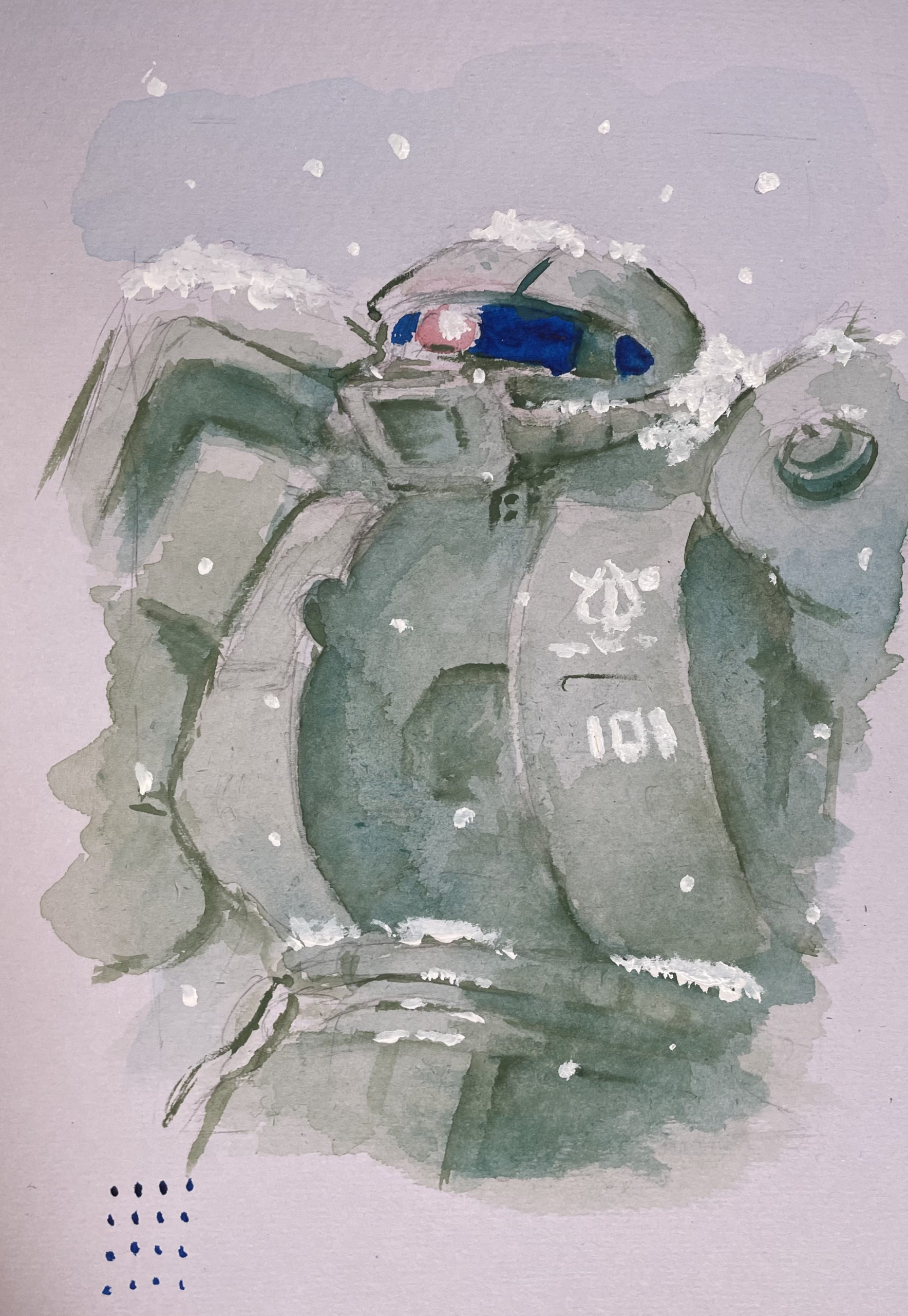 A snowy Zaku painted on a snowy day. Gauche painting