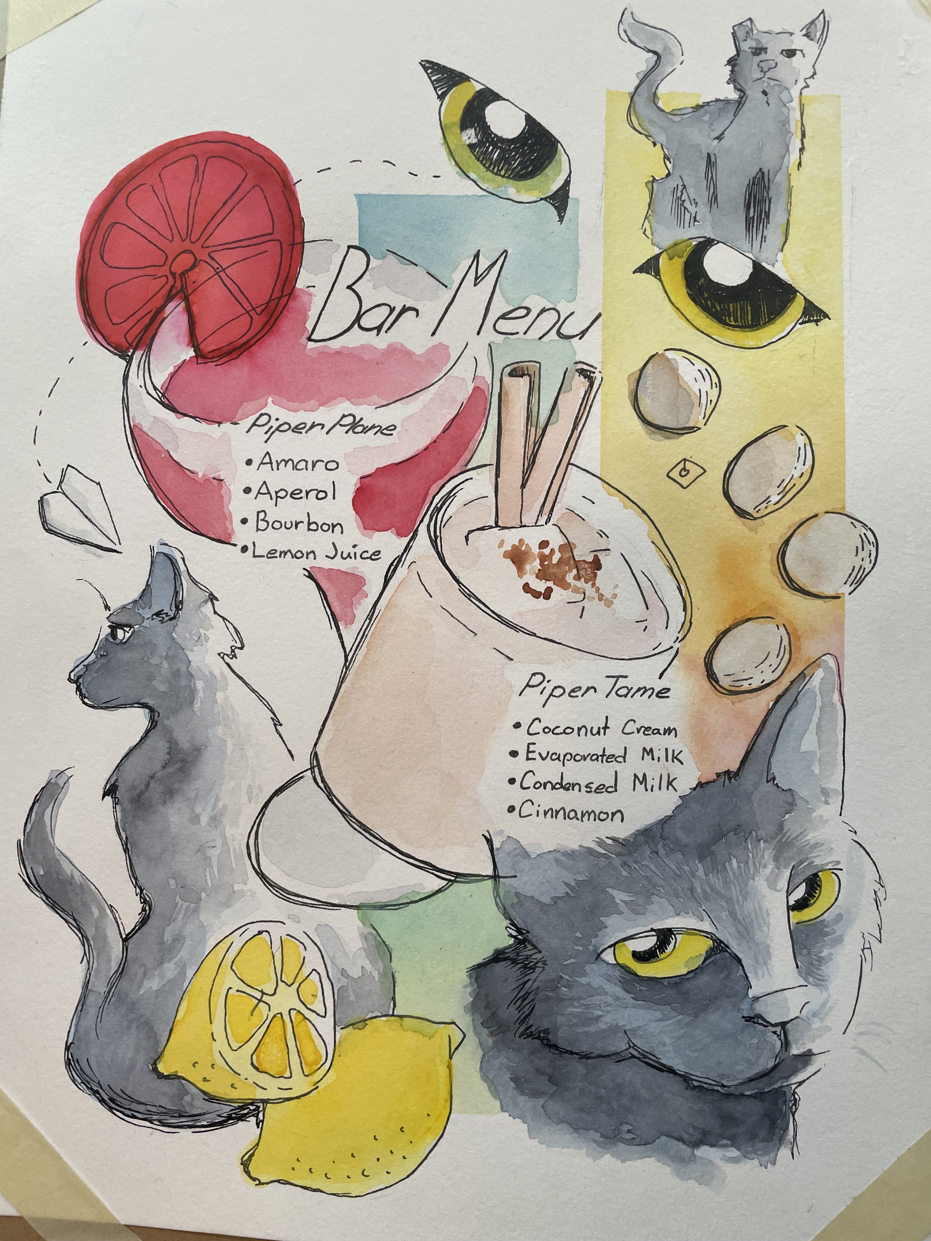 A bar menu for Piper the cat's birthday menu