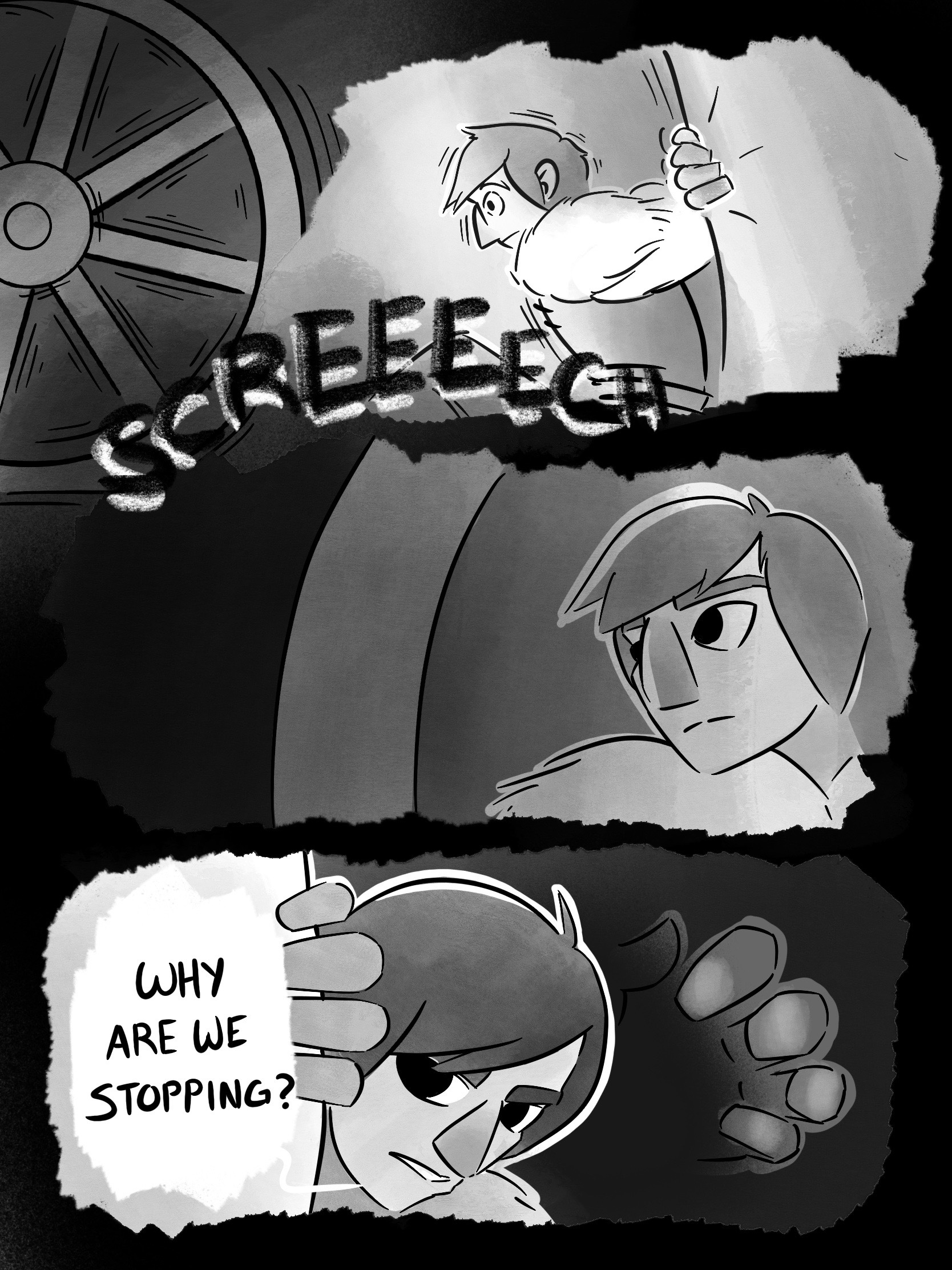 > PANEL 1: The merchant cart grinds to a halt, and the Traveler has to grip the sides to stay balanced PANEL 2: The Traveler looks to the front apprehensively. PANEL 3: TRAVELER: Why are we stopping. Behind them, a hand reaches out to them.