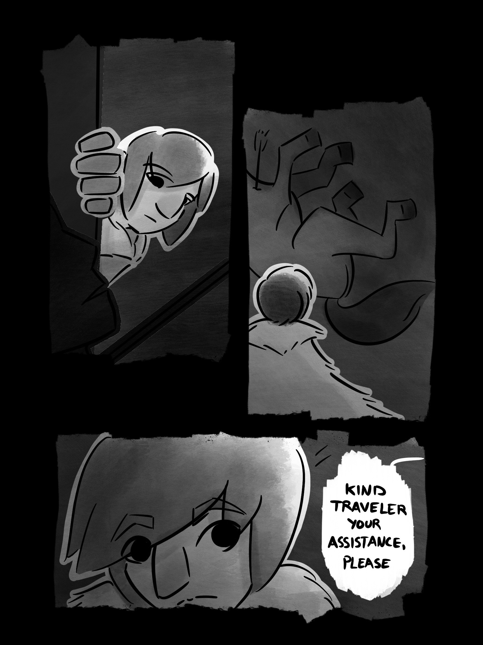 > PANEL 1: The Traveler inspects up front, and sees that the merchant has an arrow lodged in their chest. PANEL 2: The Traveler sees that the horse has been similarly struck by arrows. PANEL 3: MYSTERIOUS VOICE: Kind Traveler, your assistance, please