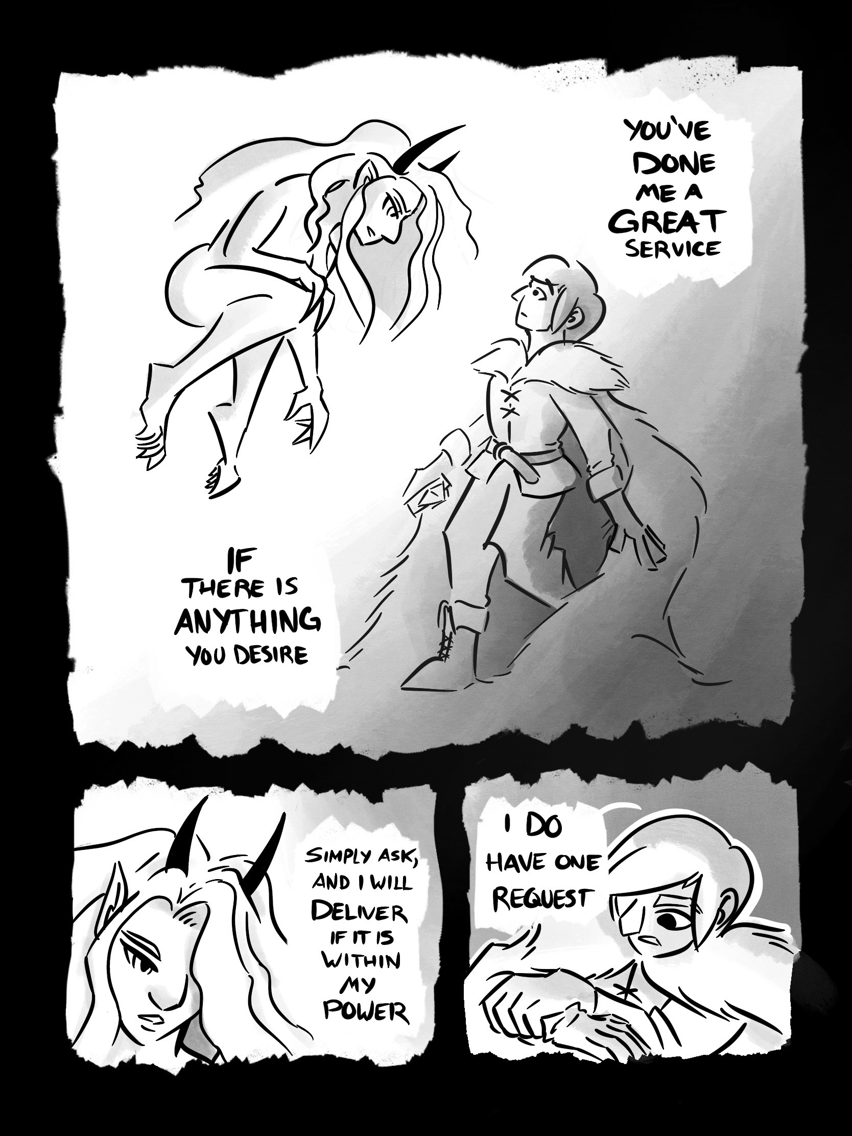 | PANEL 1: A horned creature radiating light hovers in front of the Traveler. FAERIE: You've done me a great service. If there is anything you desire... PANEL 2: FAERIE: Simply ask, and I will deliver if it is within my power PANEL 3: The Traveler begins to take off their glove. TRAVELER: I do have one request