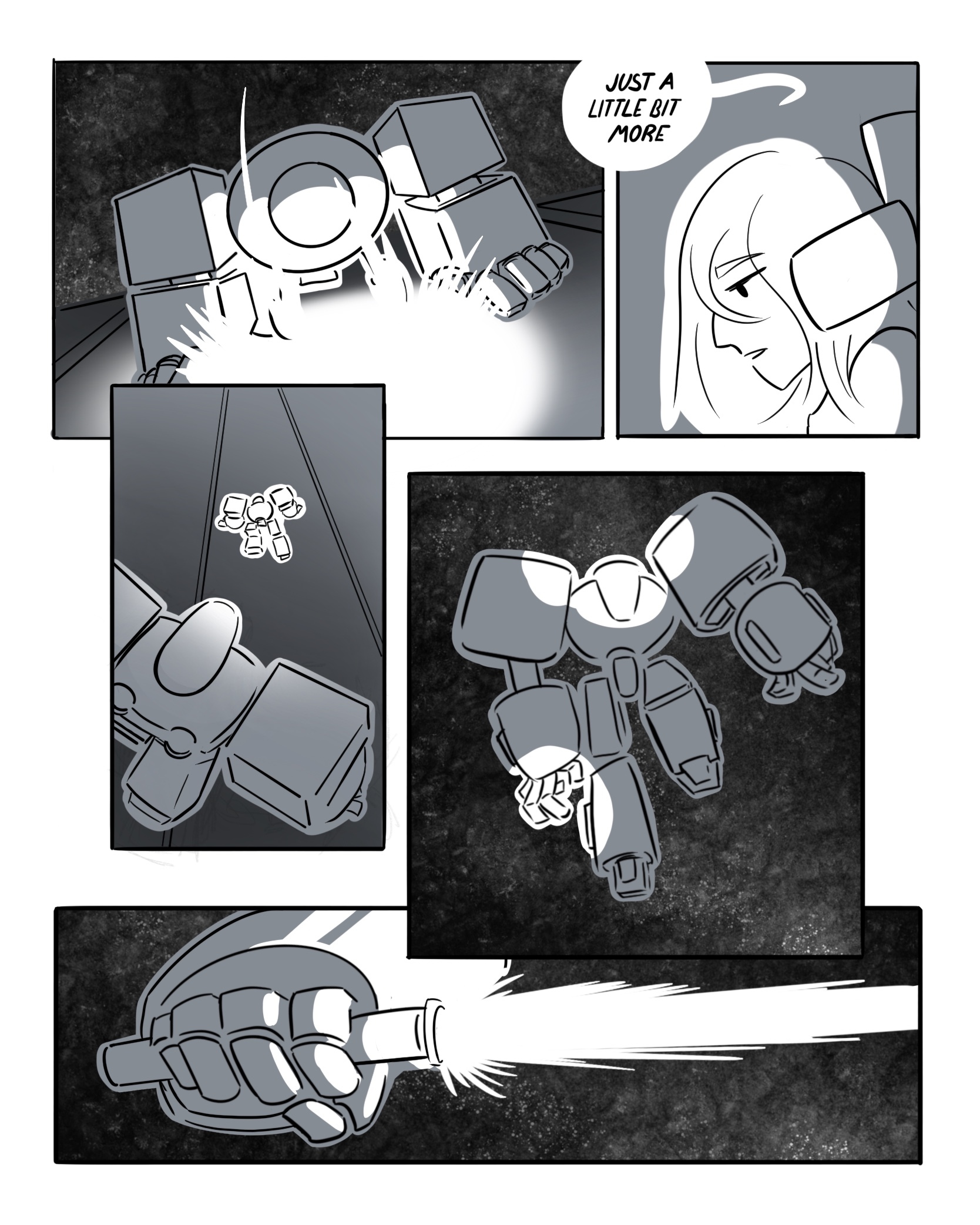 | Once again, Ki's cutting through the hull of a ship in their mech. KI: Just a little bit more. Above them, an enemy mech spots them. Carefully, it pulls out a laser sword