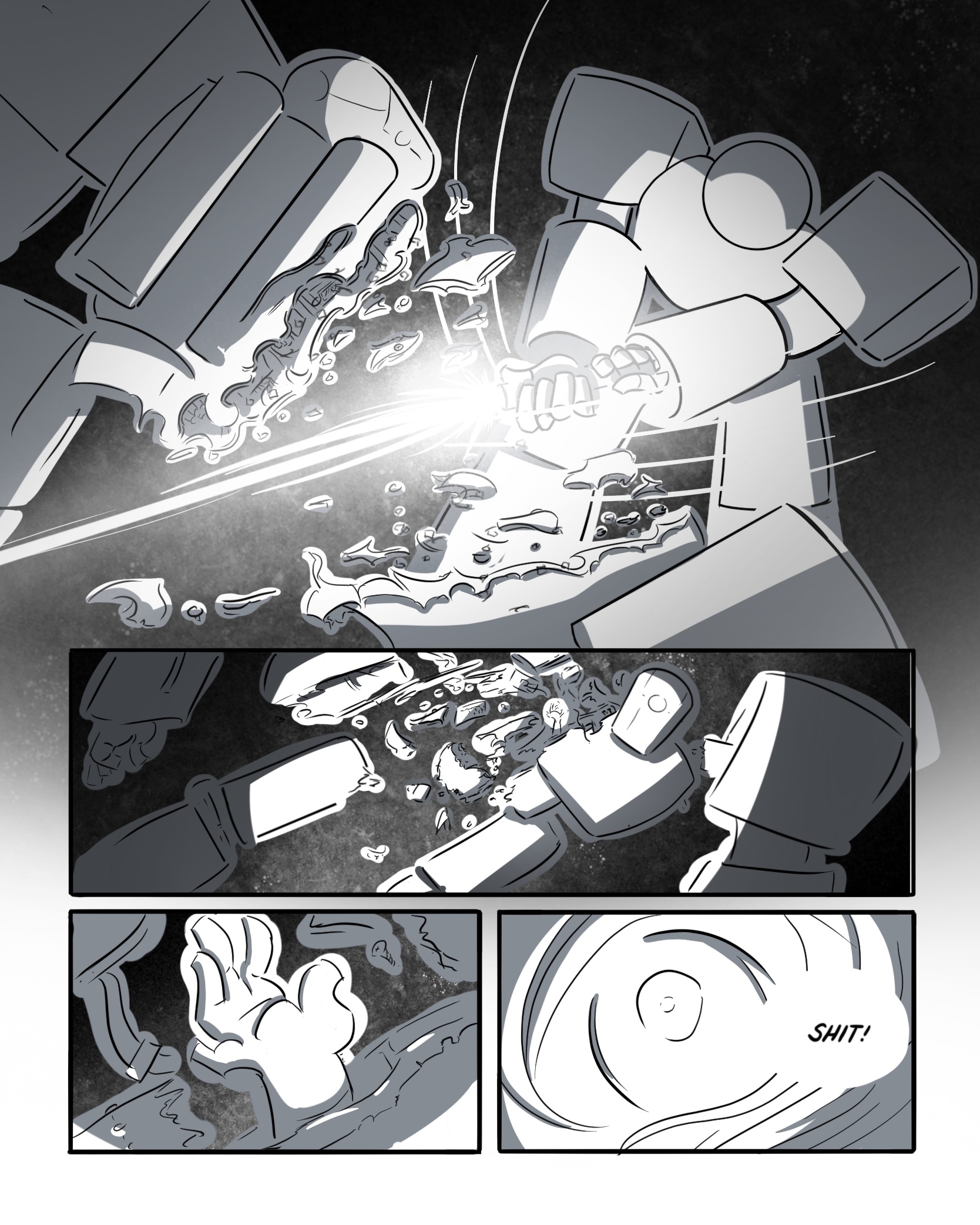 > Ki slices through the enemy mech. It disintegrates into thousands of pieces. Through the wreckage, Ki spots the hand of its pilot KI: Shit!