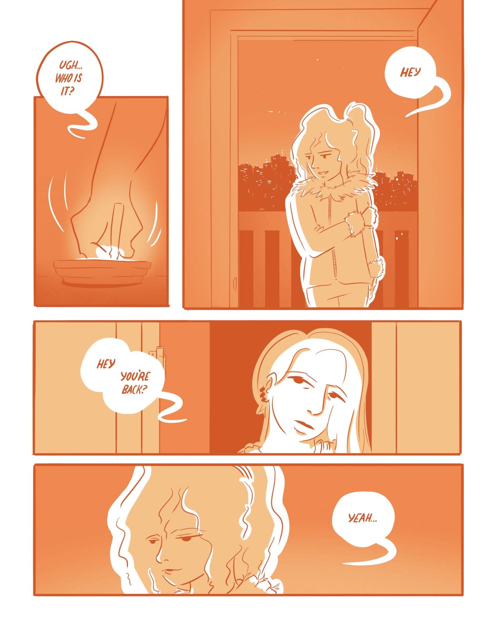 > Ki puts out the cigarette their working on. KI: Ugh who is it? Ki opens the door and finds Kanarra waiting. KANARRA: Hey KI: Hey, you're back? KANARRA: Yeah...