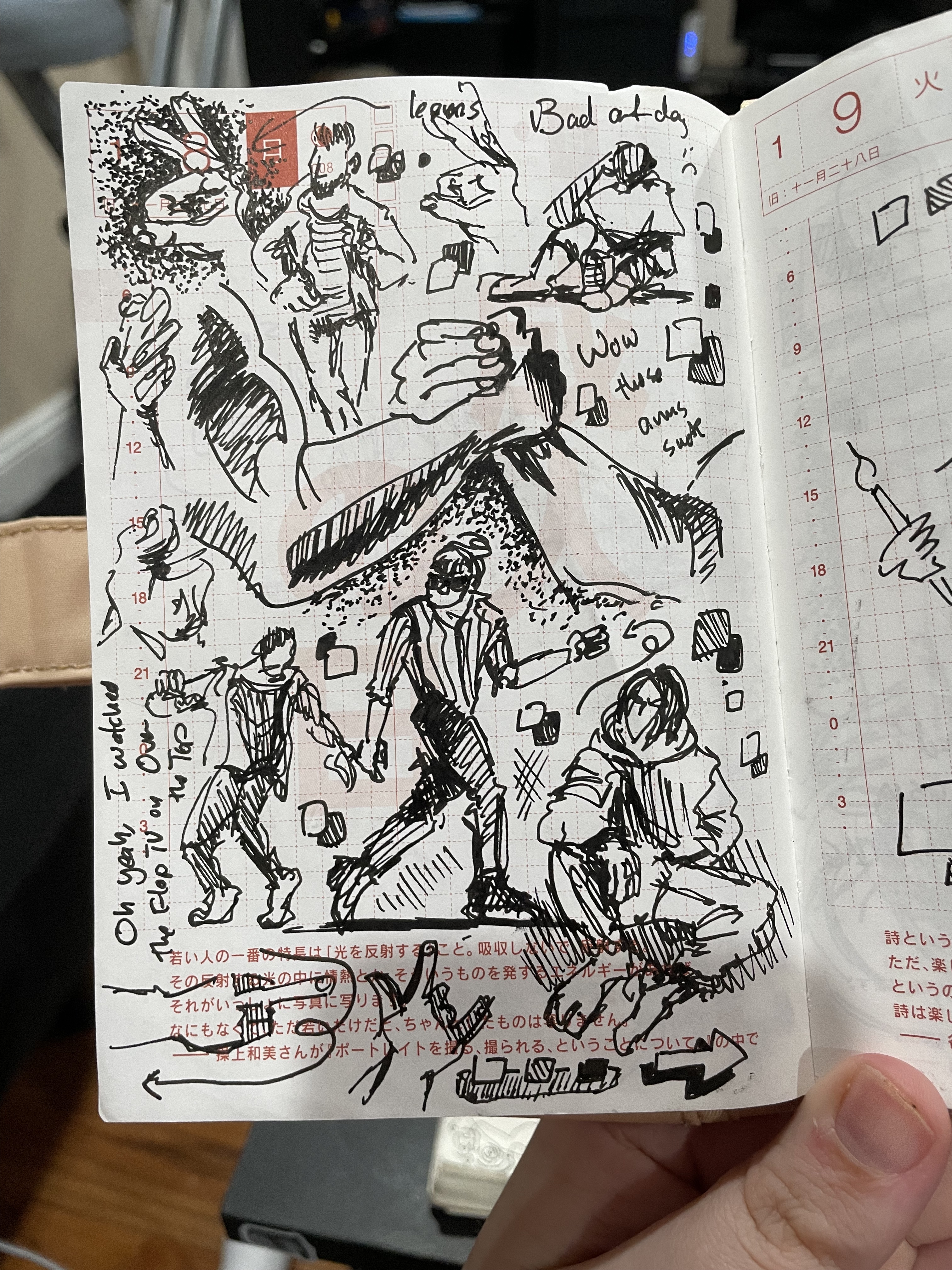 Sketch page of poses while listening to a podcast