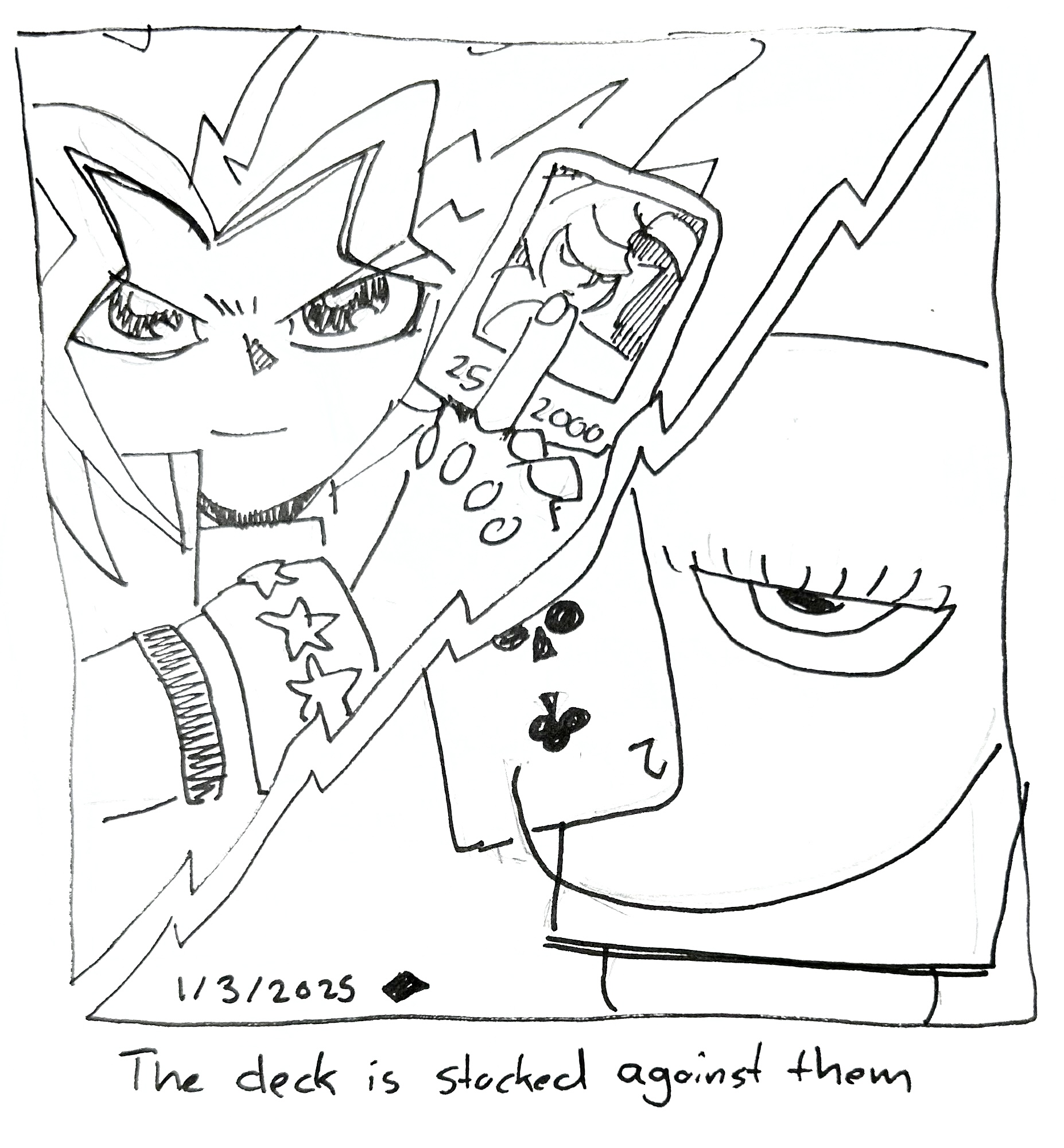 Yugi Motou holding a dark magician while the little guy holds a 2 of clubs. The caption reads "the deck is stacked against them"