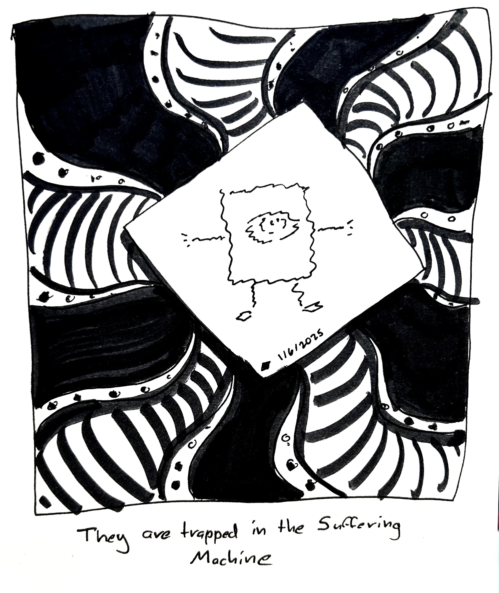 The little one eyed guy is trapped in a vortex and looking frazzled. The caption reads "they are trapped in the suffering machine"