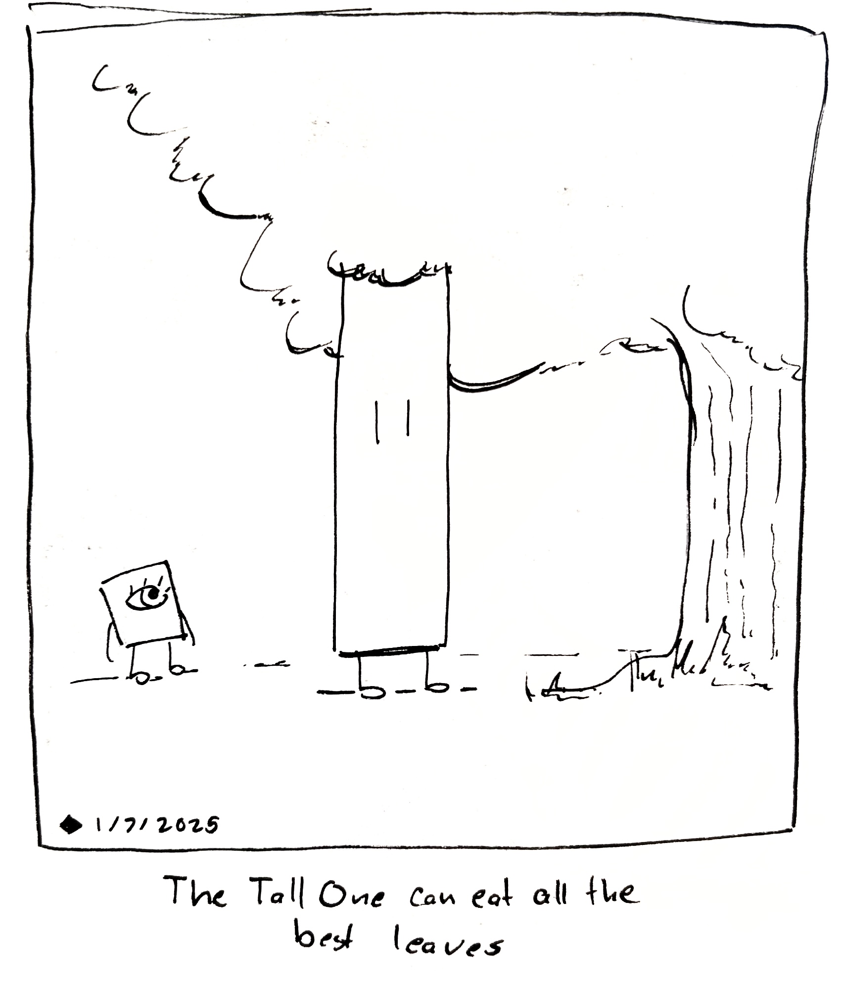 The tall guy has their head in a tree while the little guy watches. The caption reads "the Tall one can eat all the best leaves"