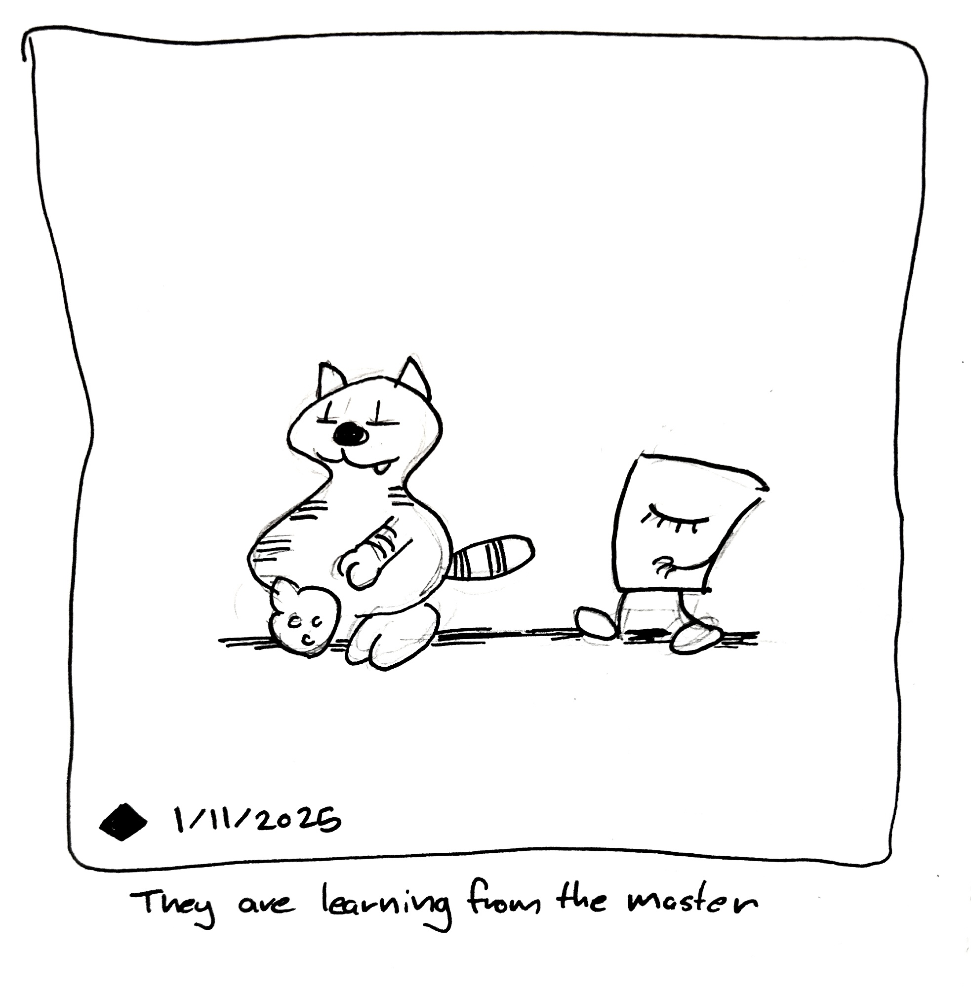 The little guy walking alongside Heathcliff's, mimicking his stride. The caption reads "They are learning from the master"