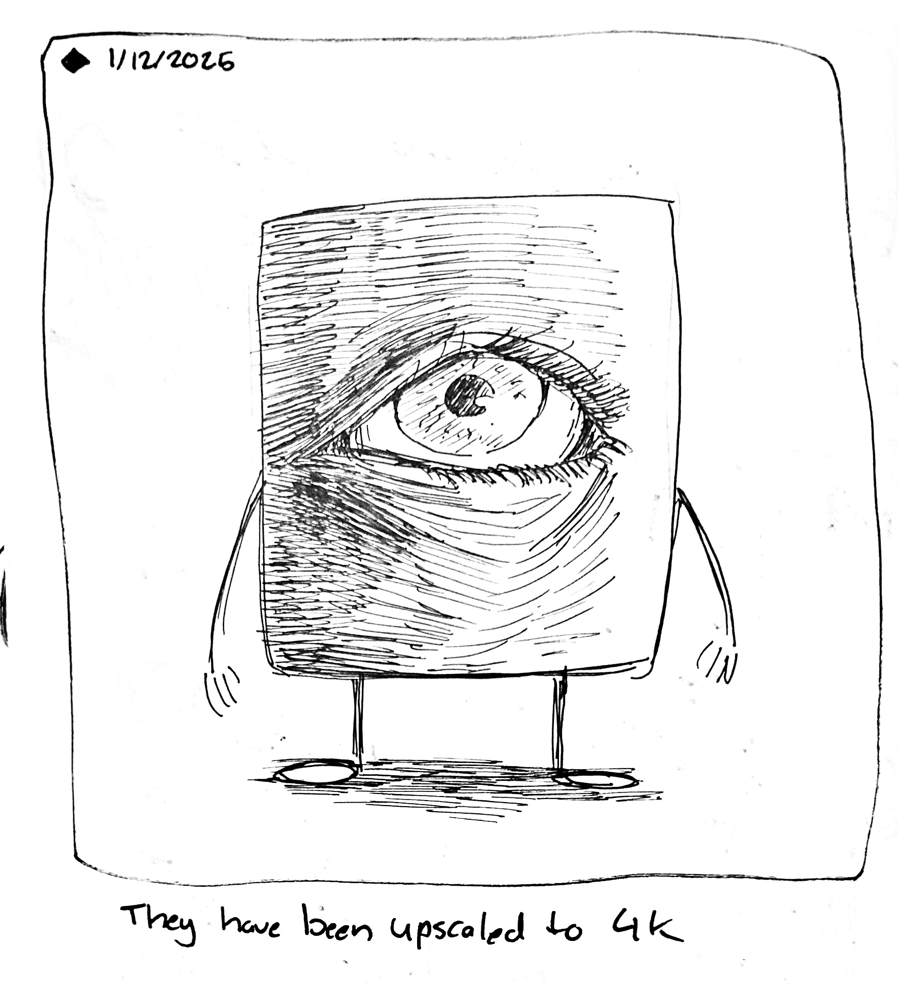 The little guy is drawn more detailed with lots of hatching. The caption reads "They have been upscaled to 4K"