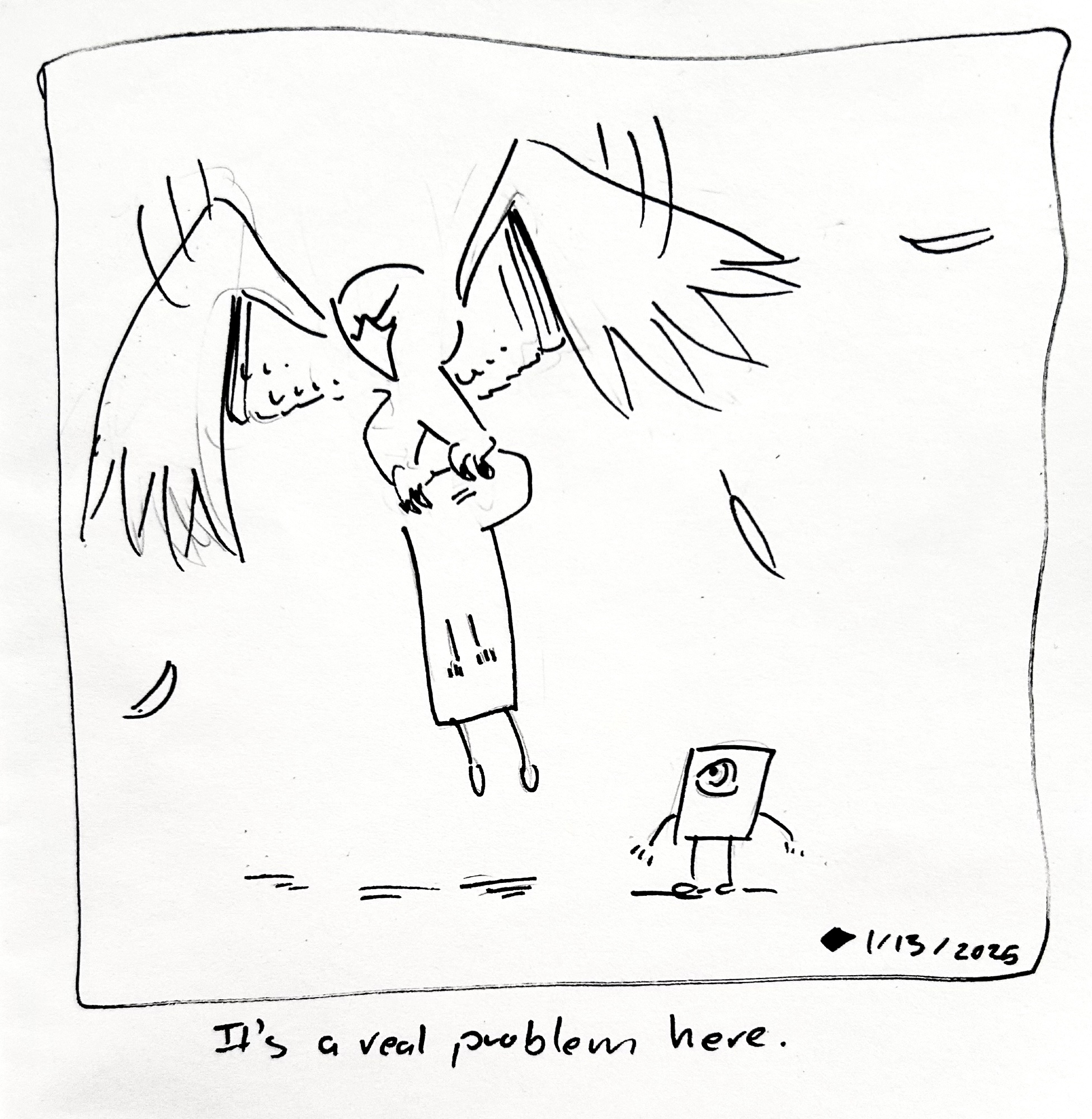 The tall one is being carried off by a bird while the little guy watches. The caption reads "It's a real problem here"