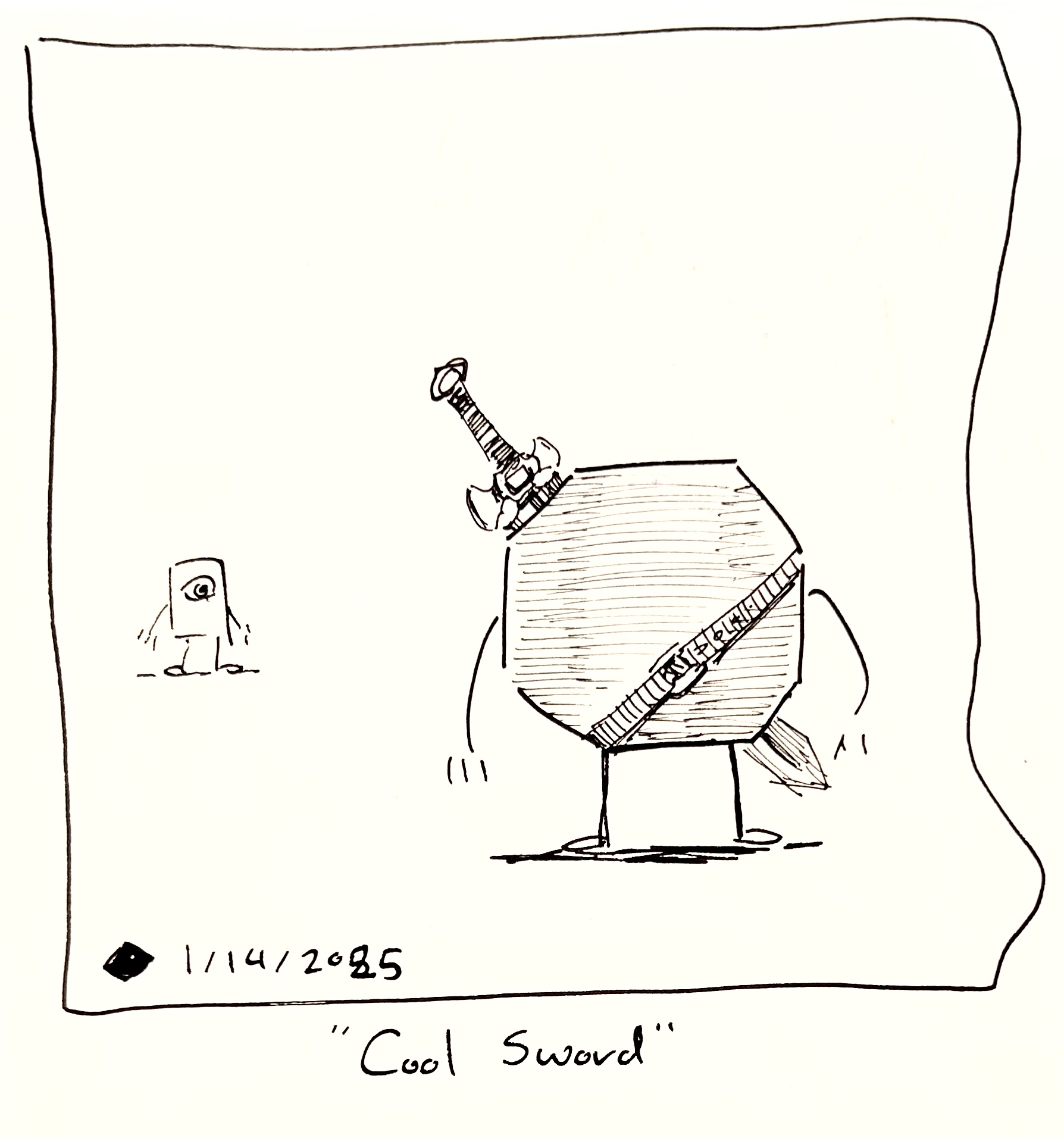 The little guy stares at an octagon guy with a cool sword on their back. The caption reads "cool sword"