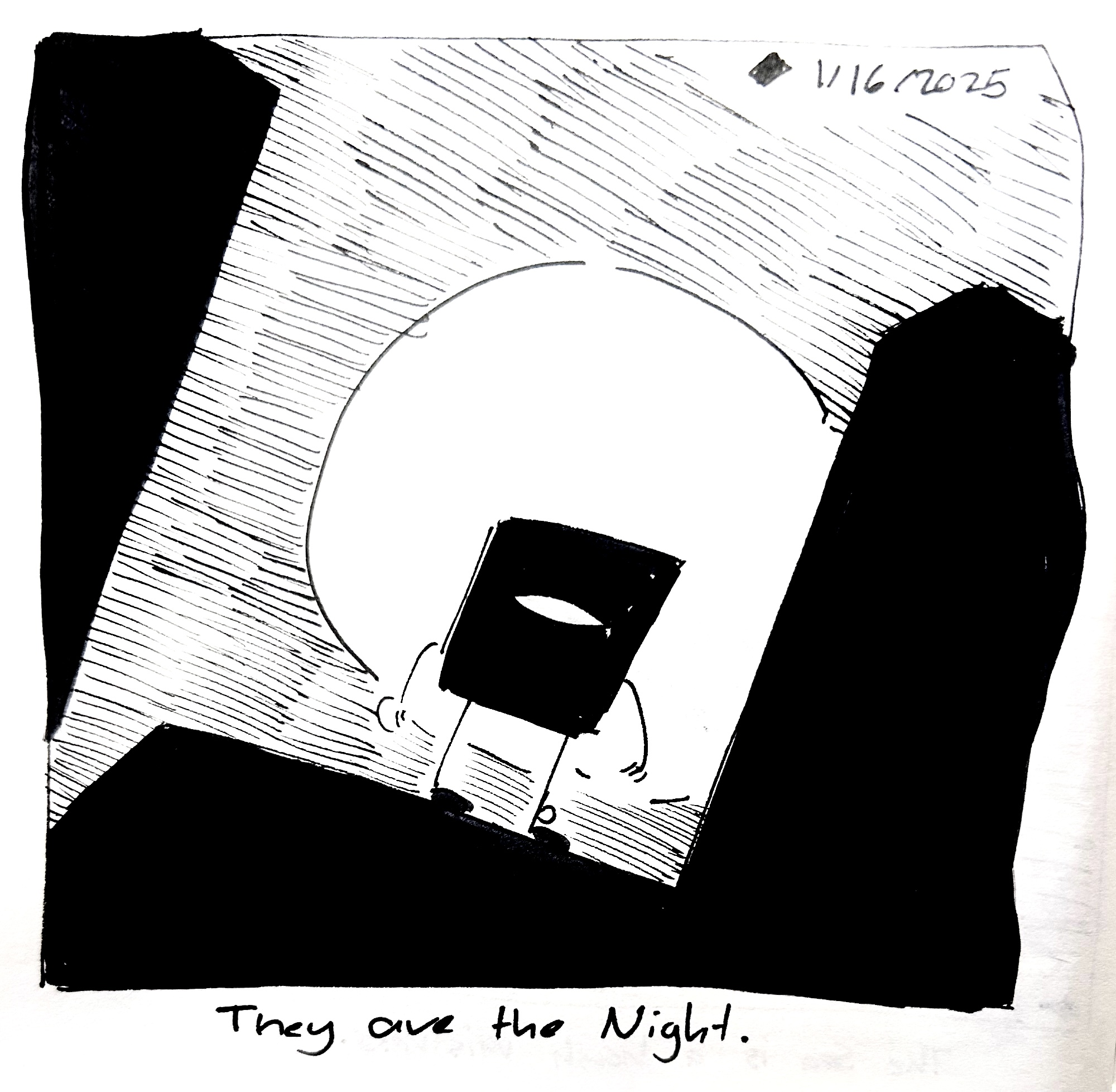 The little guy stared down at the city from the rooftop like in Batman the Animated Series. The caption reads "They are the Night"