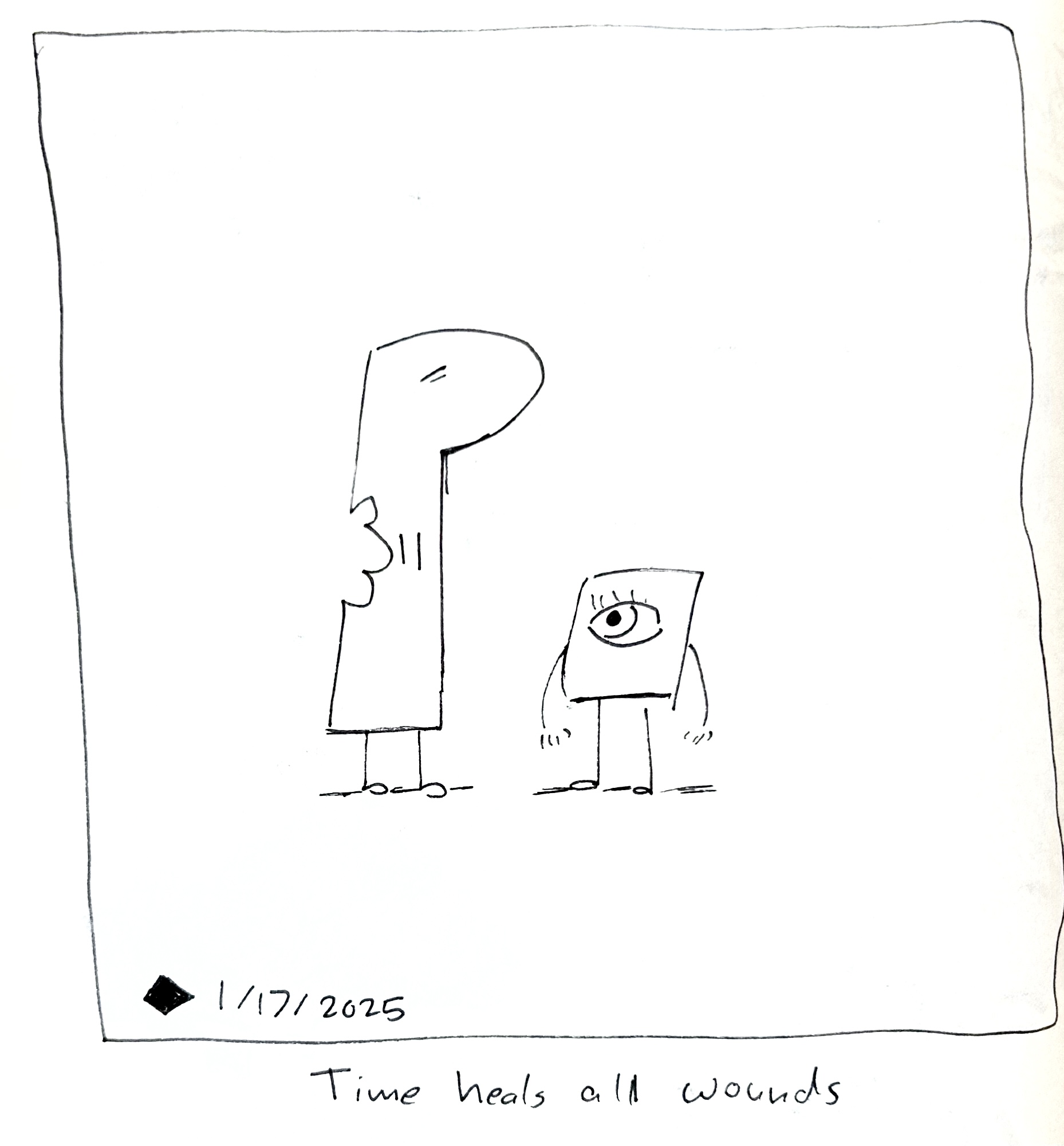 The tall one returns with a bite mark taken out of them. The caption reads "time heals all wounds"