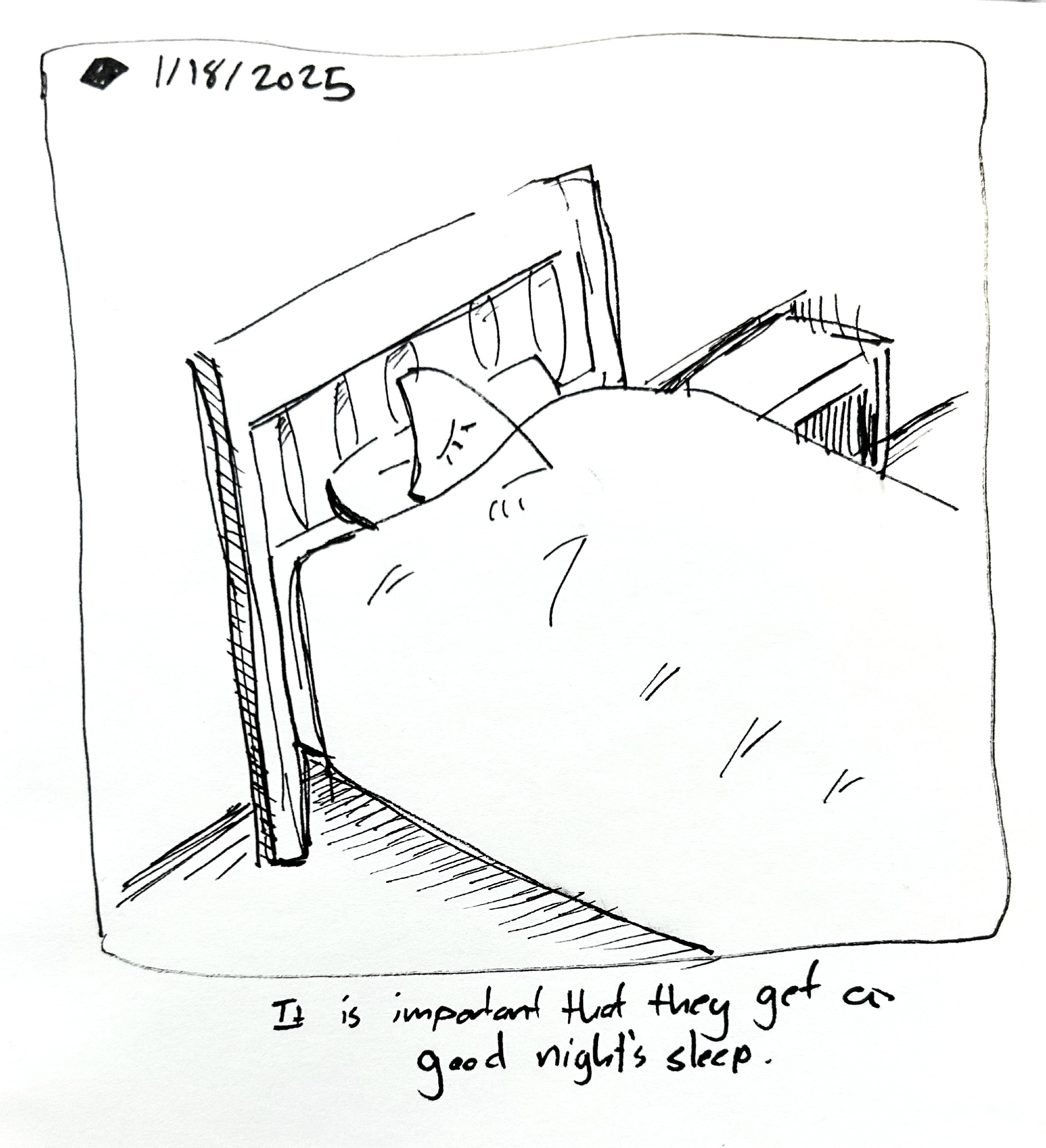 The little guy sleeps in their bed. The caption reads "it's important that they get a good night's sleep"