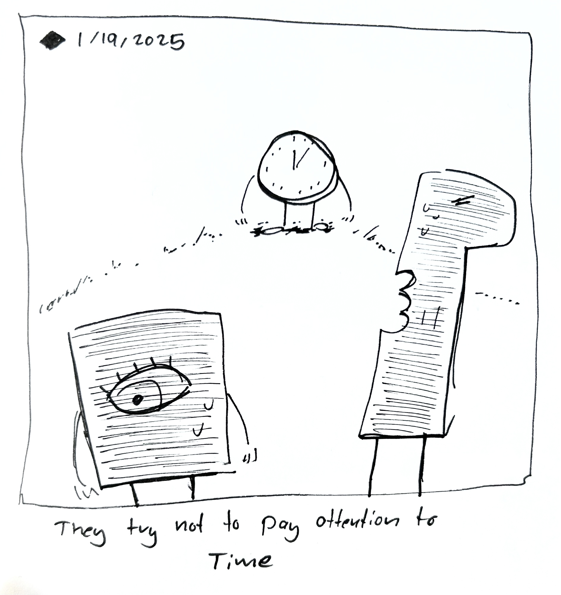 The little guy and the tall one stand nervously as a clock person looks at them emotionlessly on a hill. The caption reads "They try not to pay attention to Time"