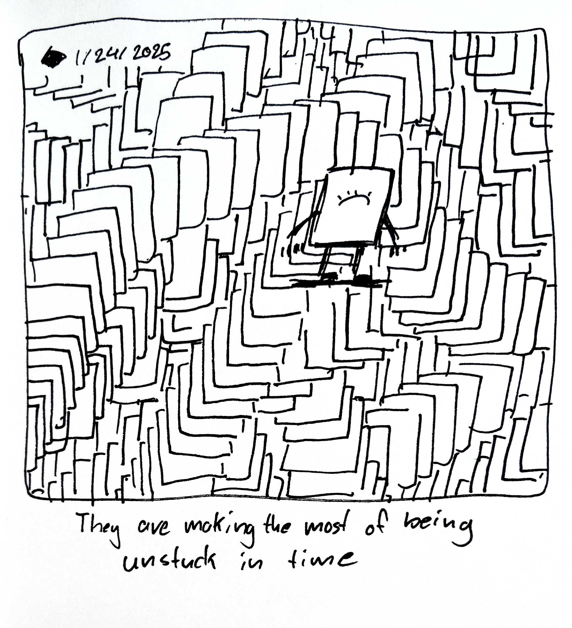 The little guy is extended in a long, repeating pattern, like when you win at Solitaire. The caption reads "they are making the most of being unstuck in time"