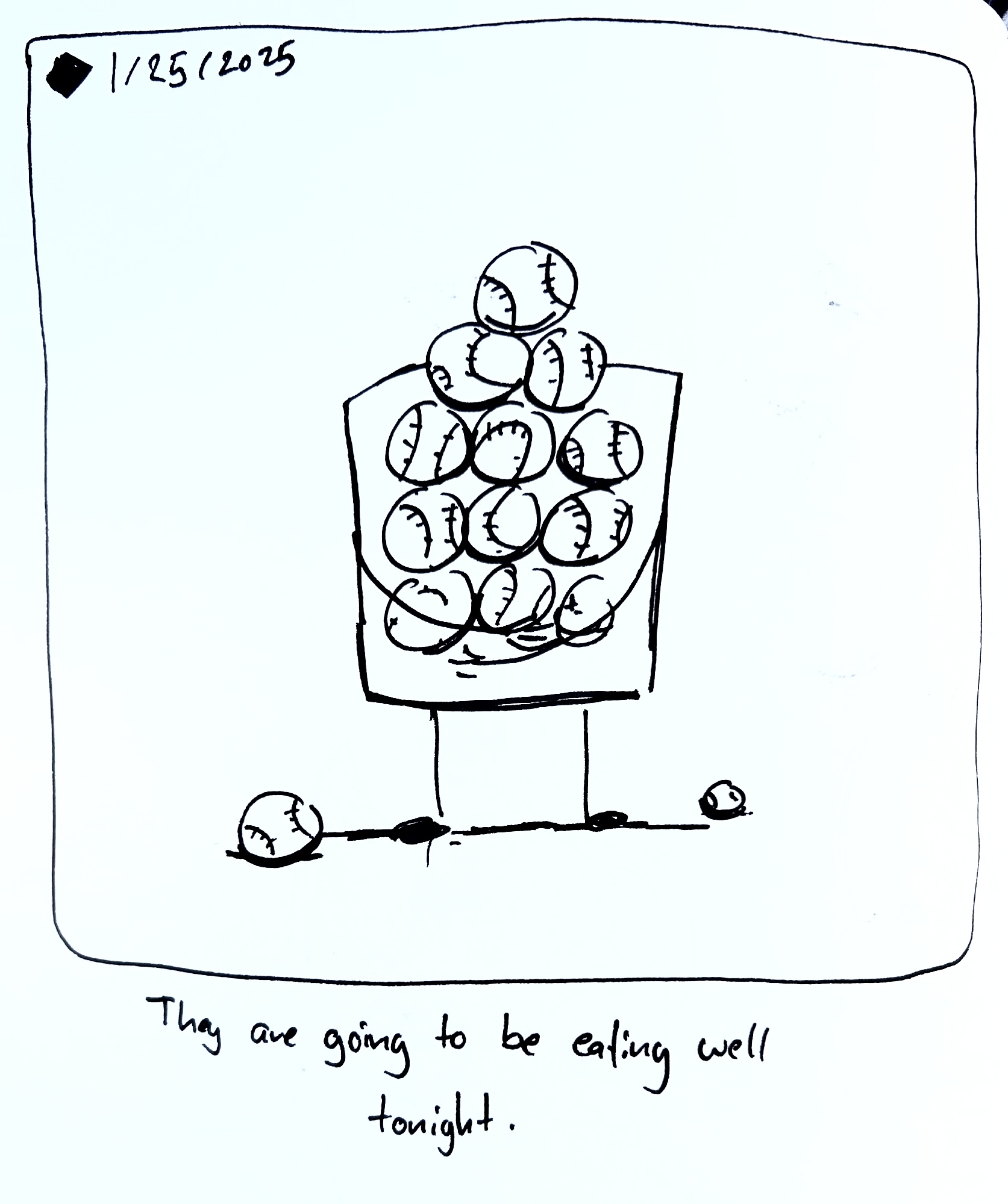 The little guy holds an armful of baseballs. The caption reads "they are going to eat well tonight"