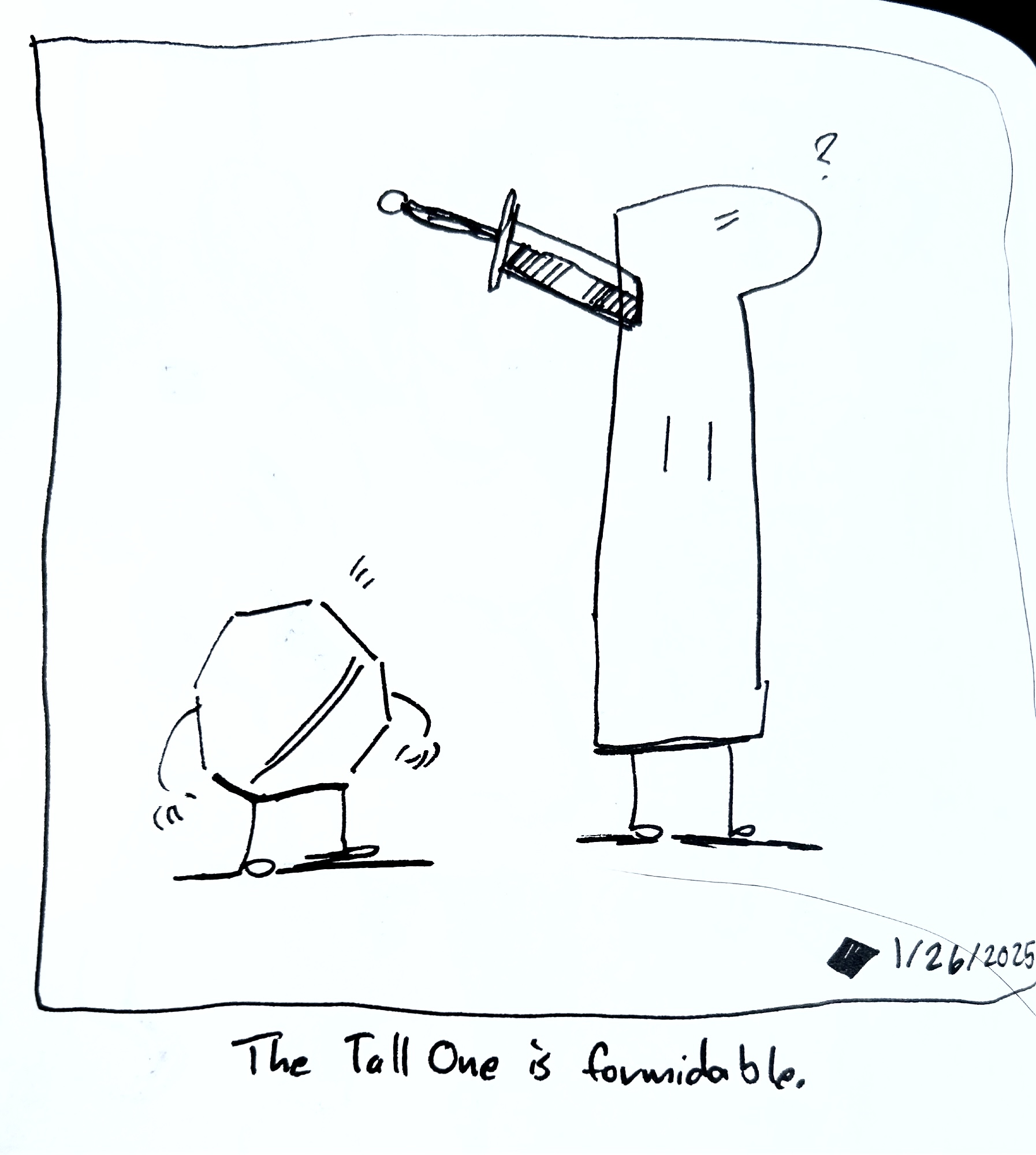 The tall one stands with a sword in its neck looking confused but unphased. The Warrior looks surprised. The caption reads "the tall one is formidable"