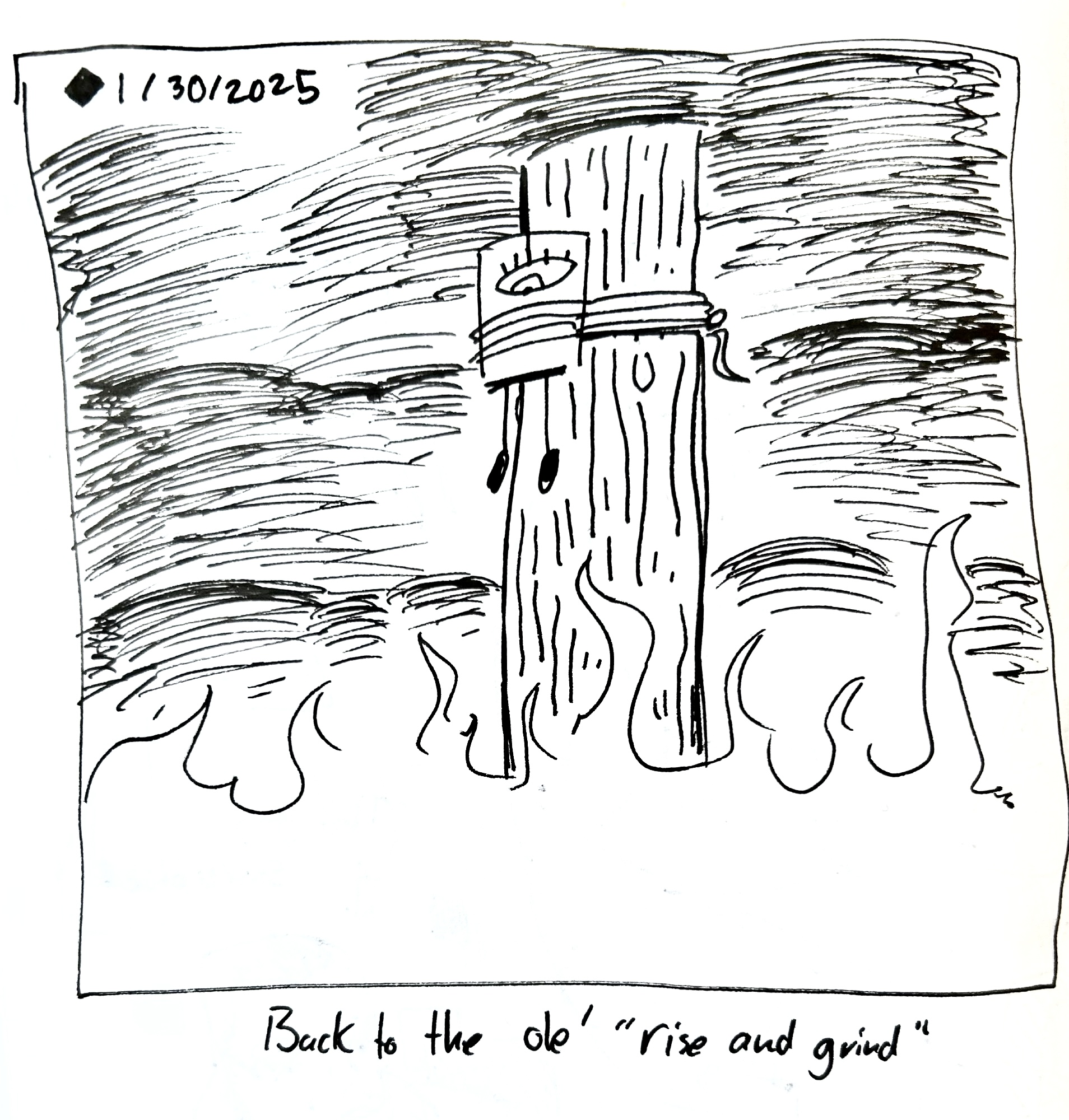 The little guy tied to a stake being set on fire. The caption reads "back to the ole' rise and grind"