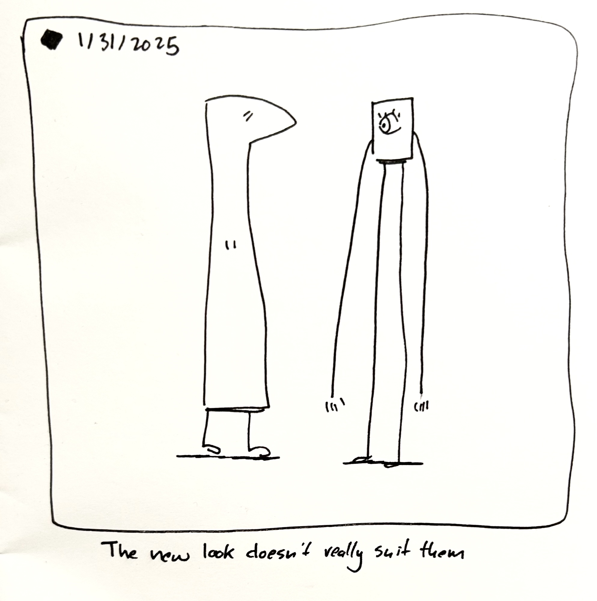 The little guy stands next to the tall one, but they have long limbs that make the two of them equal height. The caption reads "the new look doesn't really suit them"