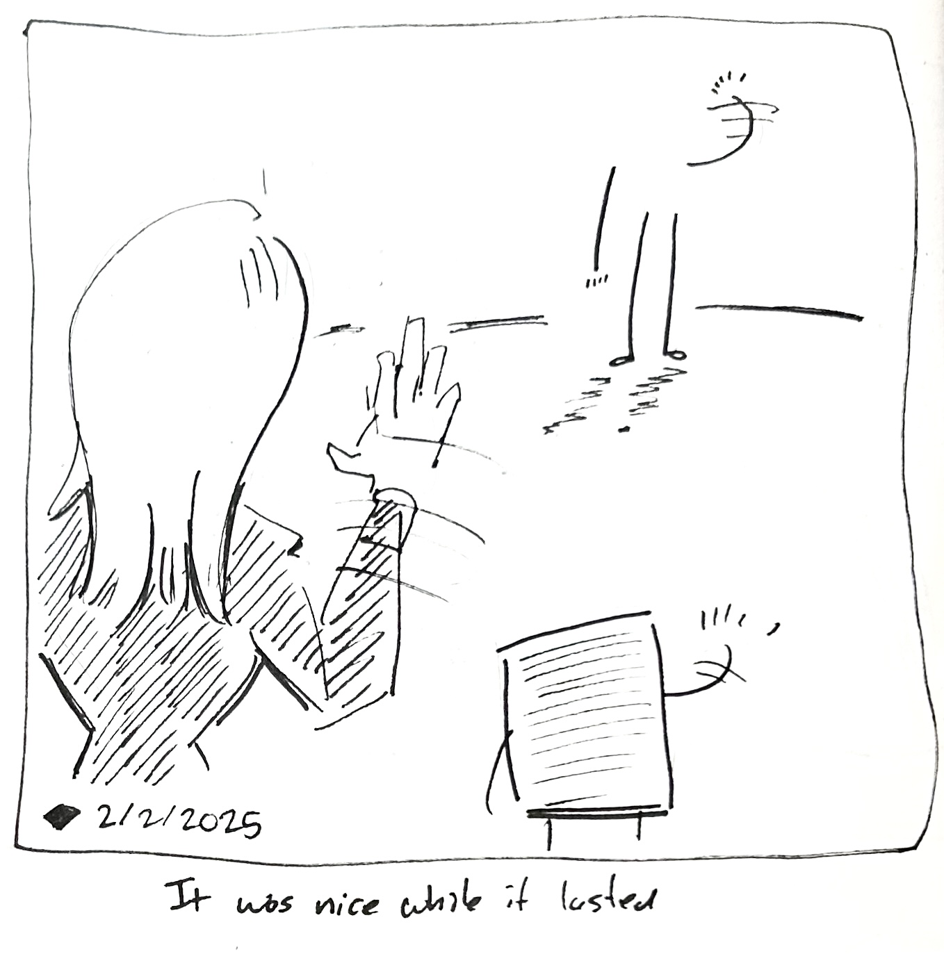 Lydia Tar and the little guy waving goodbye to the long arms and legs. The caption reads "it was nice while it lasted"