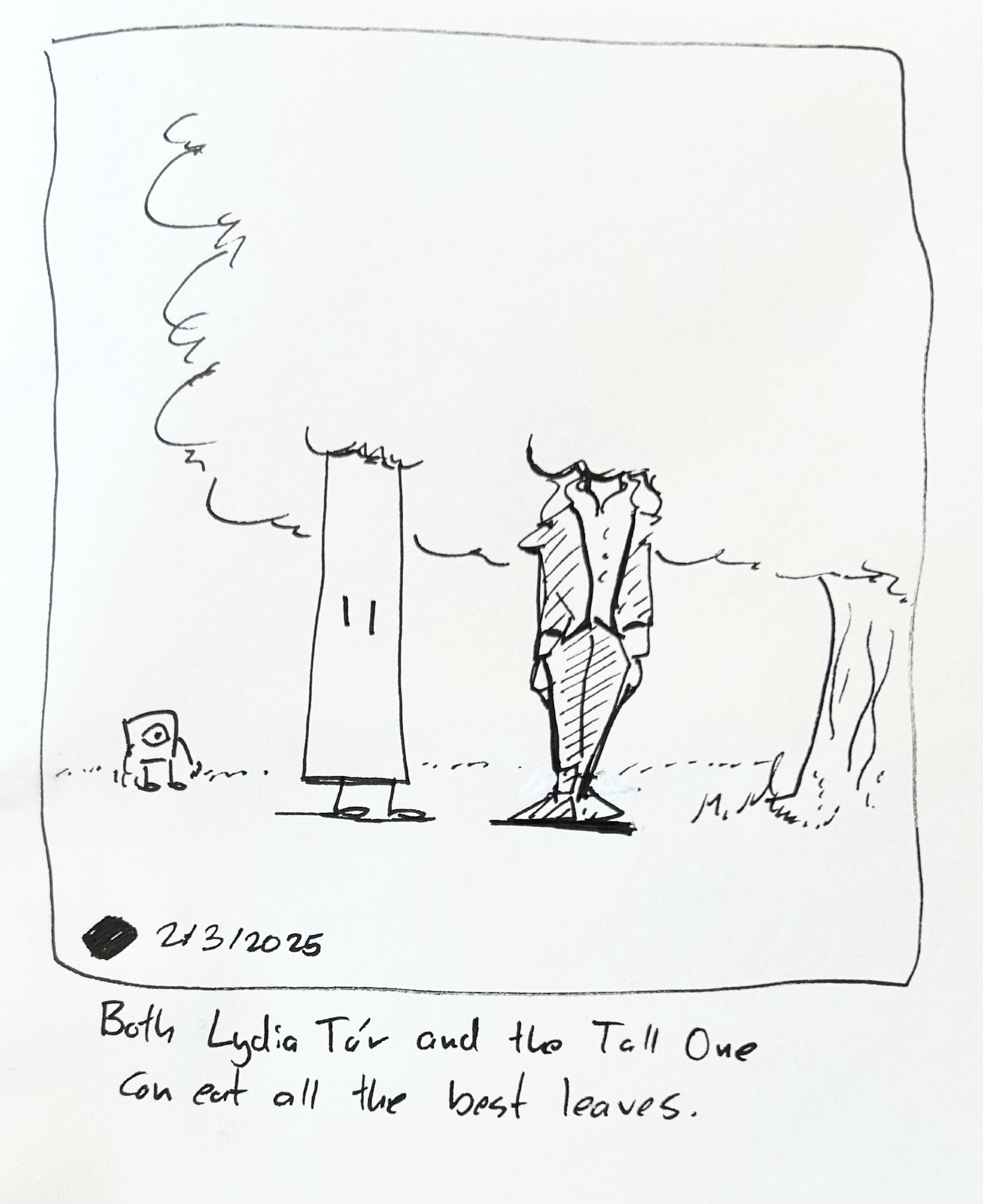 Lydia Tar and the Tall One eat leaves from a tree while the Little Guy watches. The caption reads "both Lydia Tar and the Tall One can eat all the best leaves"
