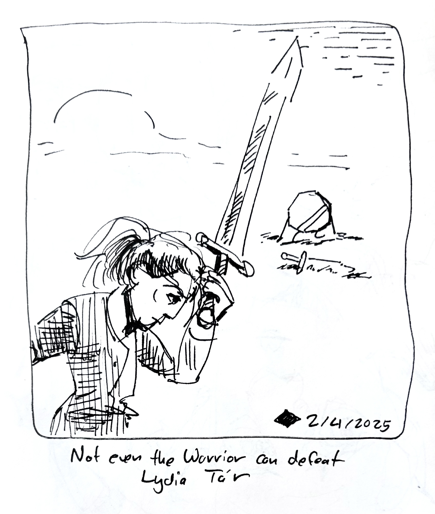 Lydia Tar stands over a defeated Warrior. The caption reads "not even the Warrior can defeat Lydia Tar"