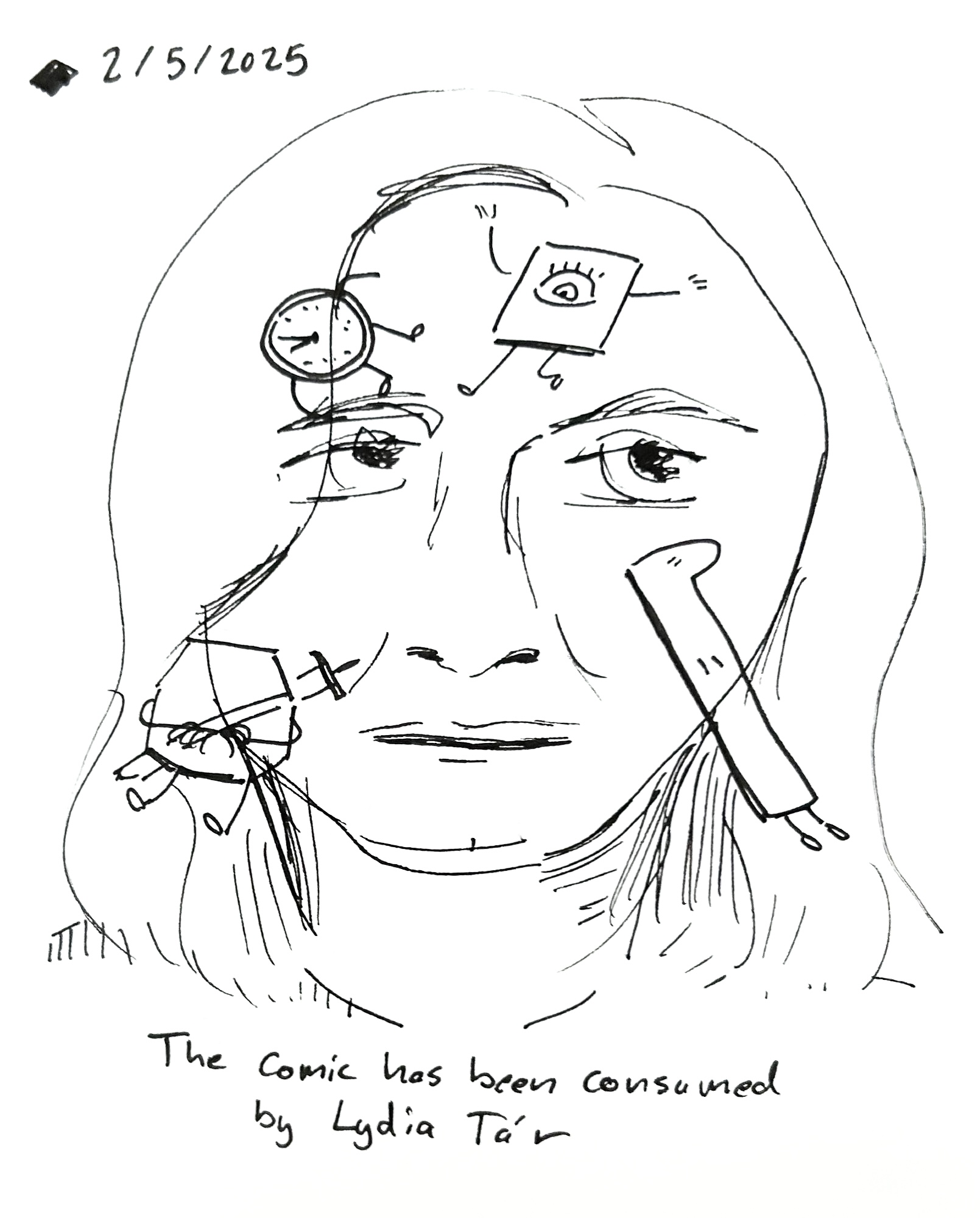 The characters of the comic float within an image of Lydia Tar. The caption reads "the comic has been consumed by Lydia Tar"