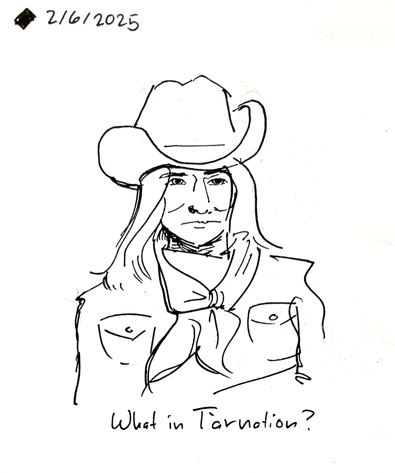 Lydia Tar dressed as a cowboy. The caption reads "what in Tarnation?"