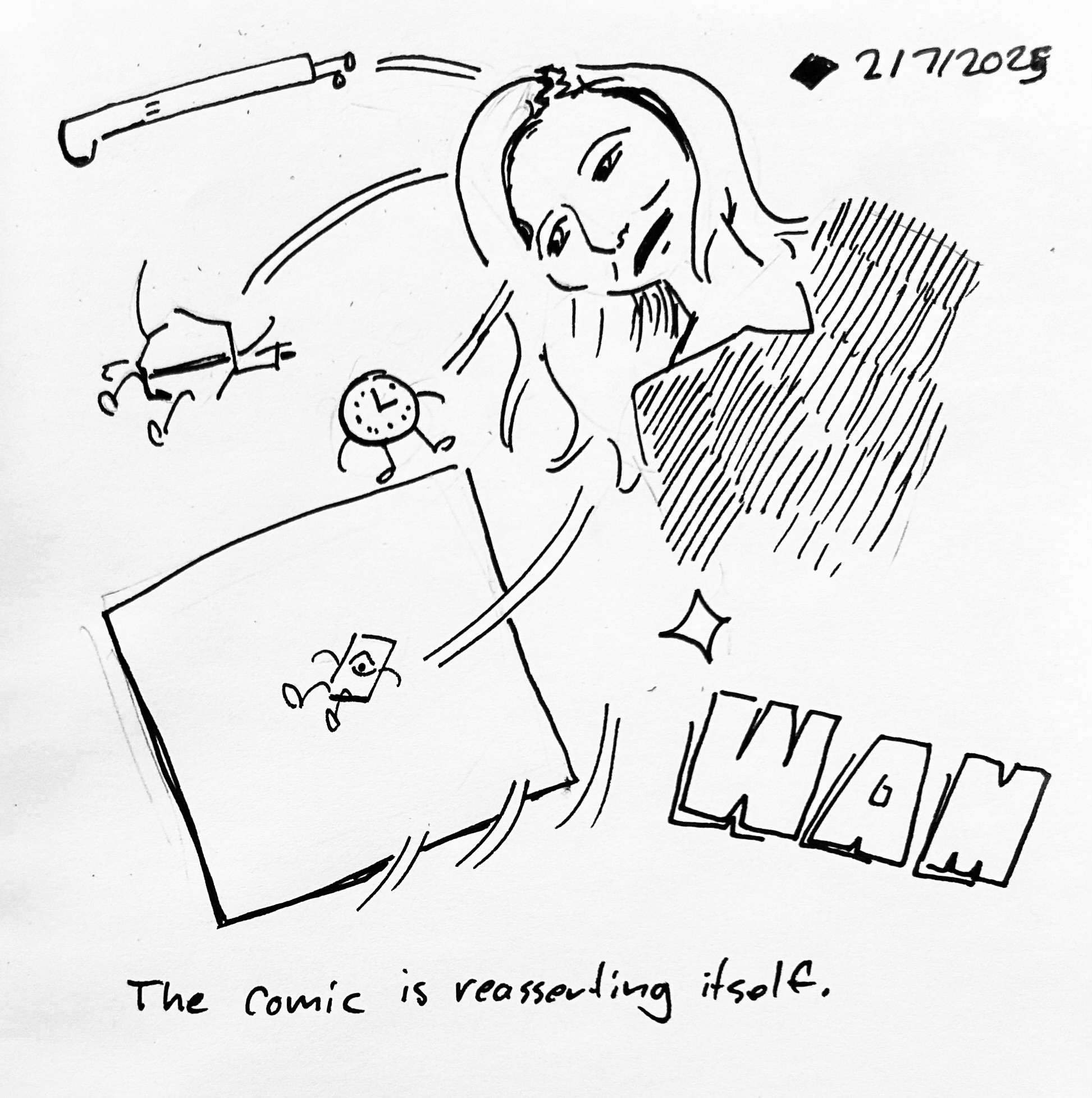 The comic panel kicks Lydia Tar into the air, shaking The Little Guy, The Tall One, The Warrior, and Time free. The caption reads "the comic is reasserting itself"