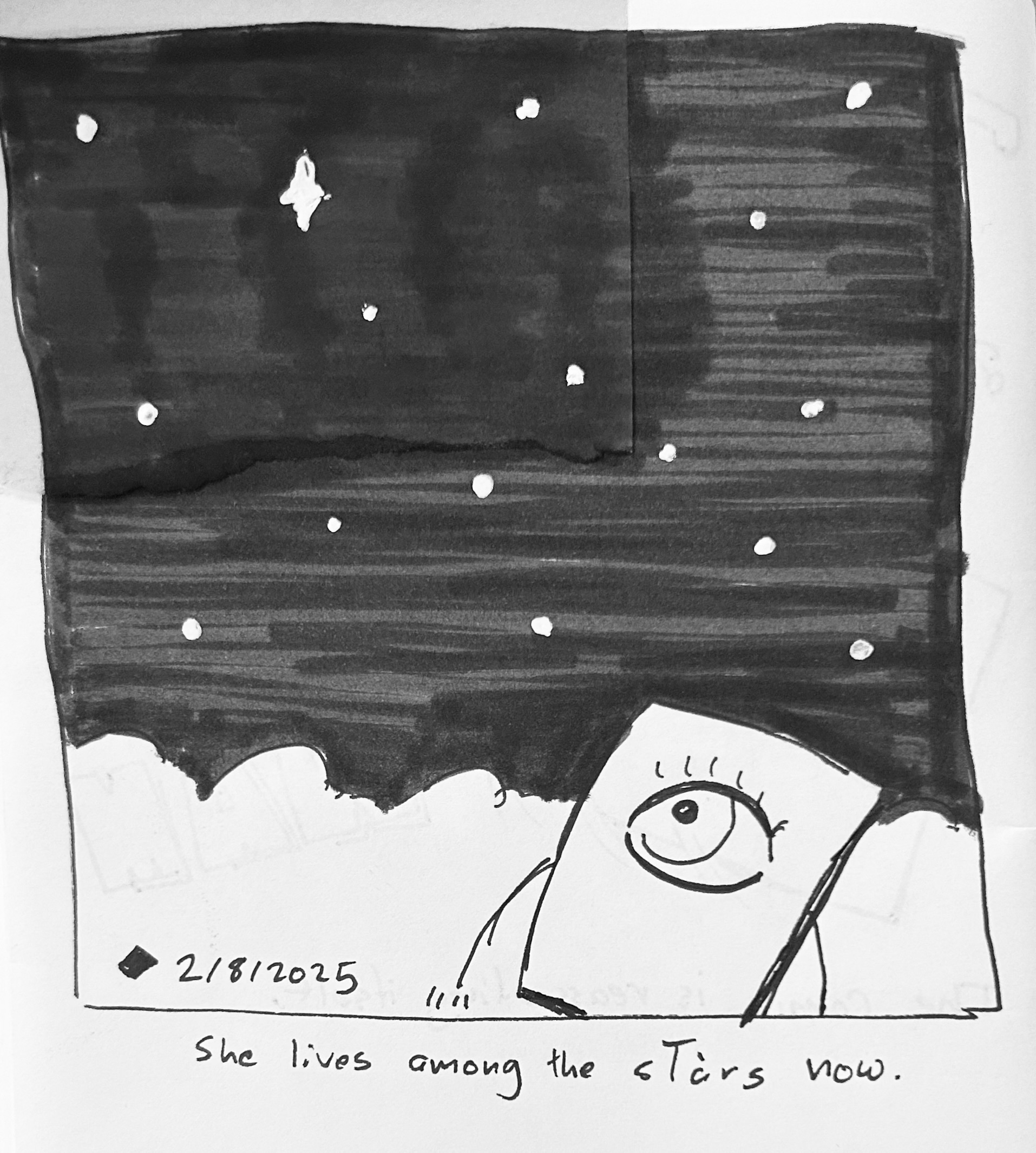 The little guy looks up to the night sky. One burns brighter than the others. The caption reads "she lives among the sTars now."