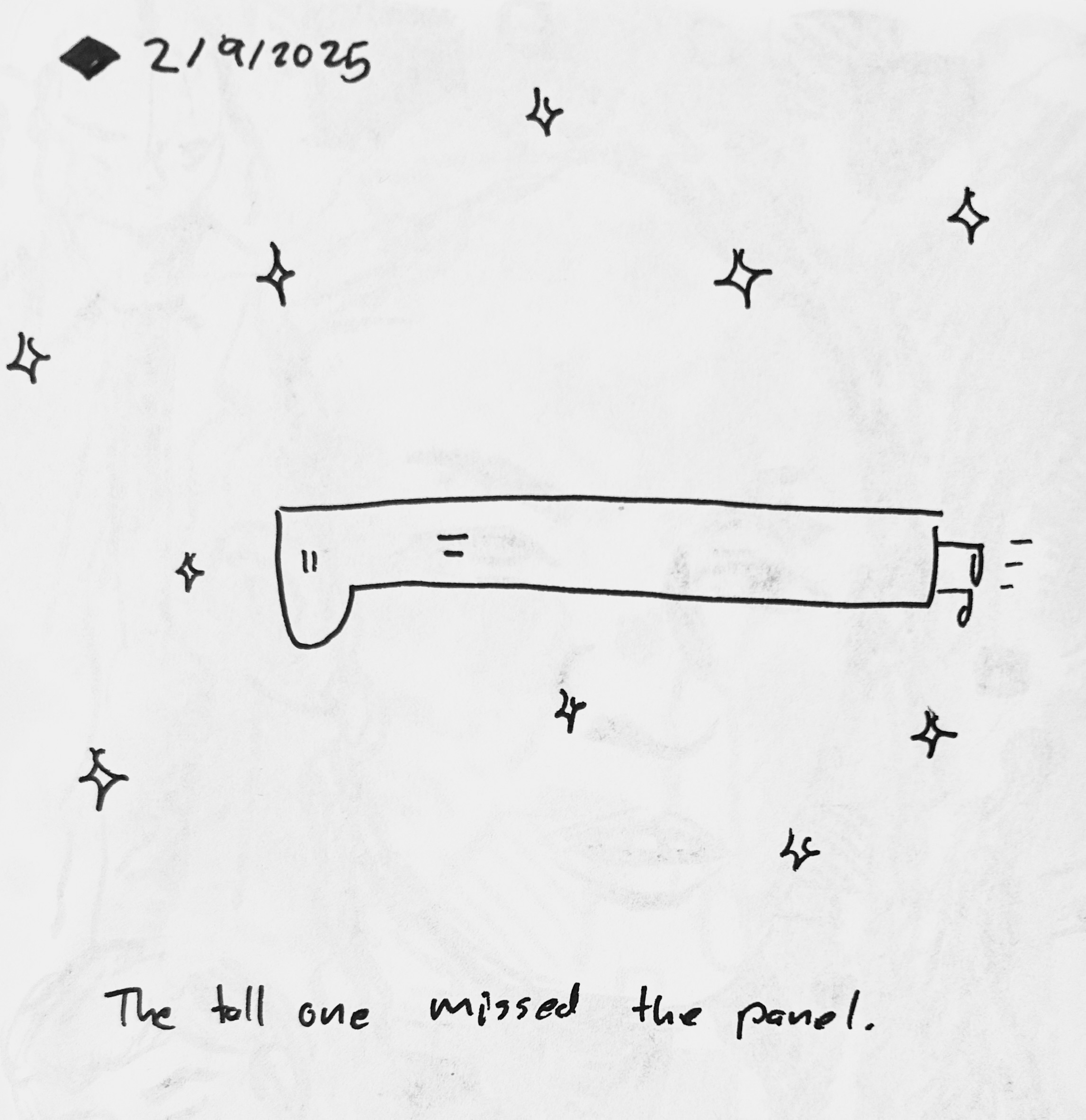The tall one soars through space. There's no border on the comic. The caption reads "the tall one missed the panel."