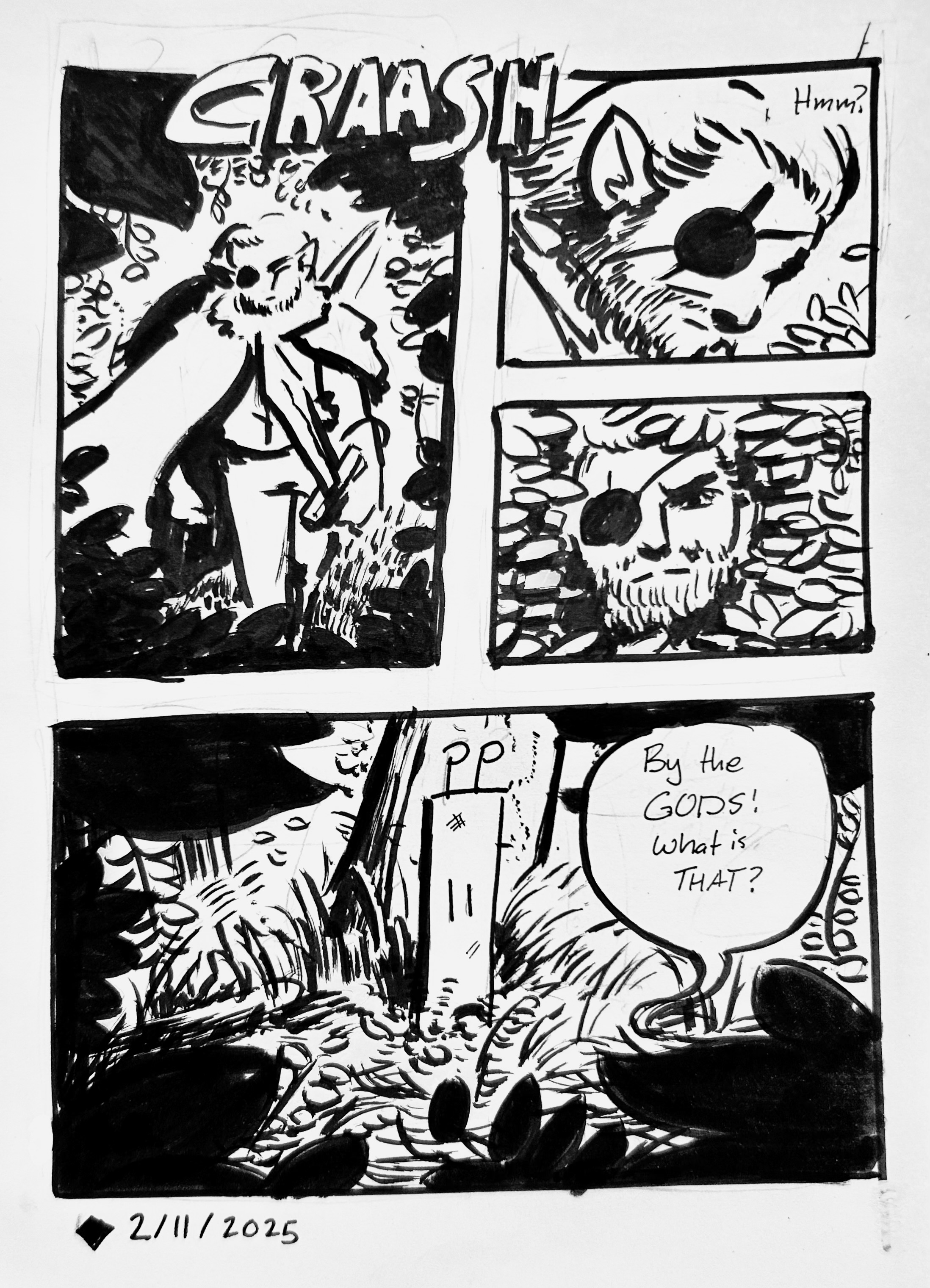 An Elfen Warrior trudges through the woods when he hears a crash. He peers through the leaves and cries "By the GODS! What is THAT?" In a forest clearing, we see the tall one having crashed head-first into the forest floor