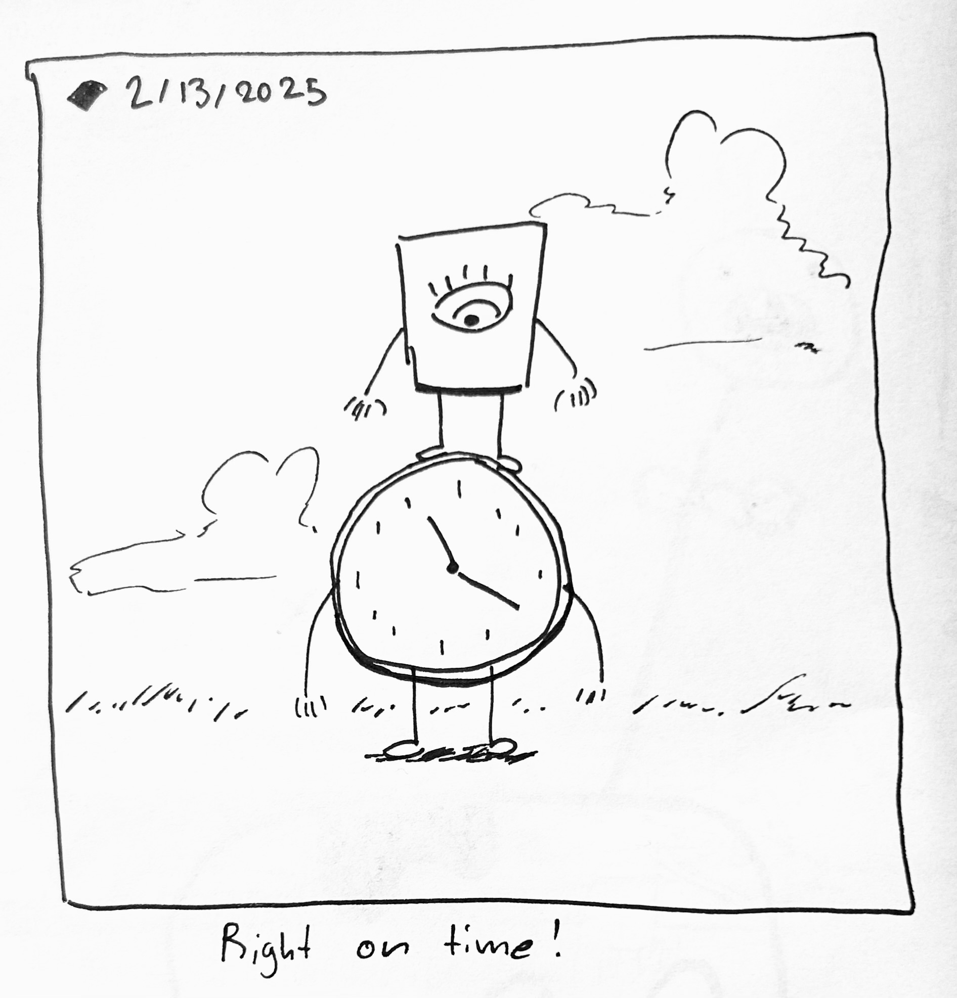 The little guy stands on Time. The caption reads "Right on time!"
