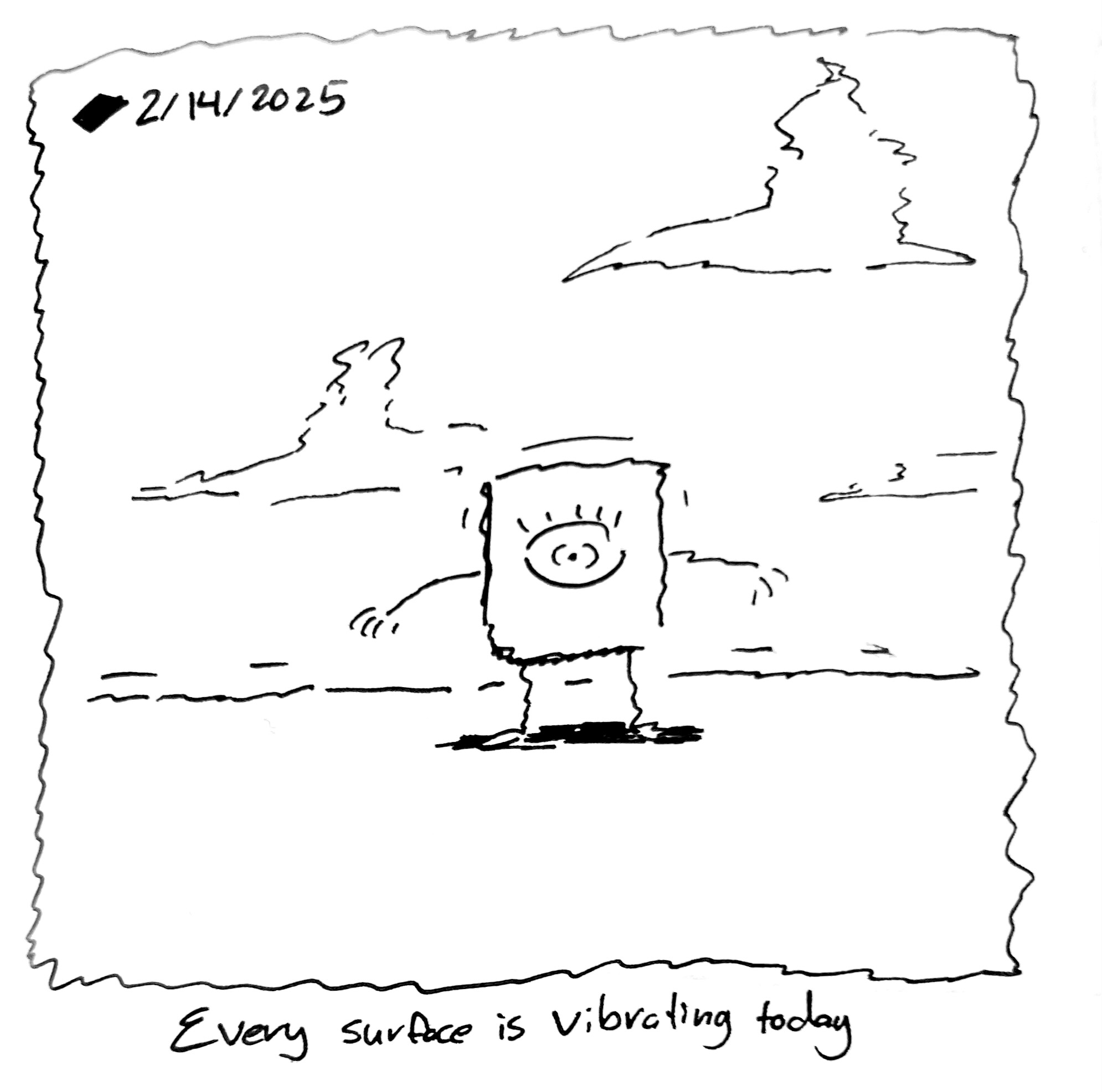 The little guy is shaking. The ground is shaking. The panel is shaking. Everything is shaking. The caption reads "every surface is vibrating today"