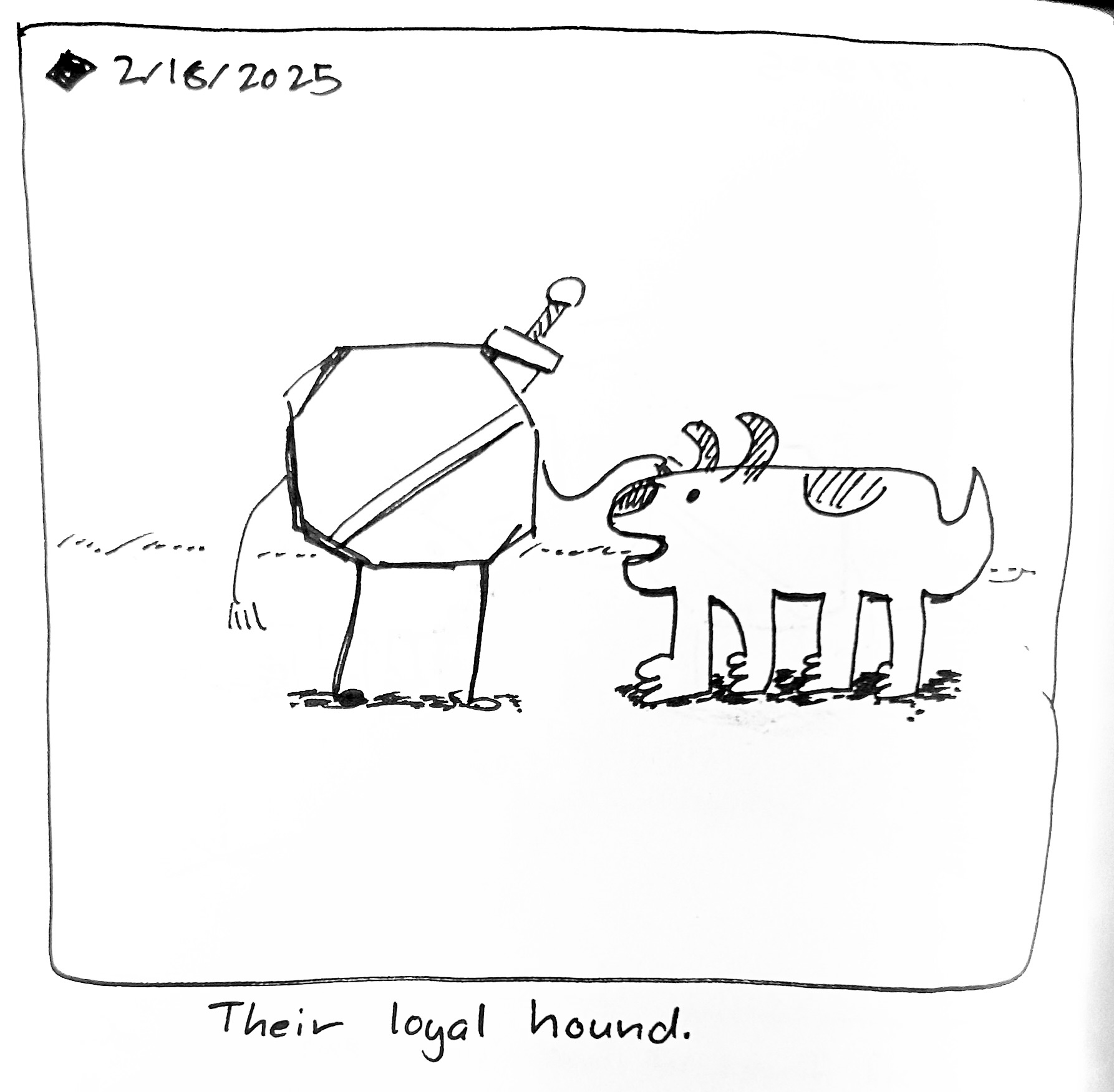 The warriors pets a funny little dog. The caption reads "Their loyal hound"