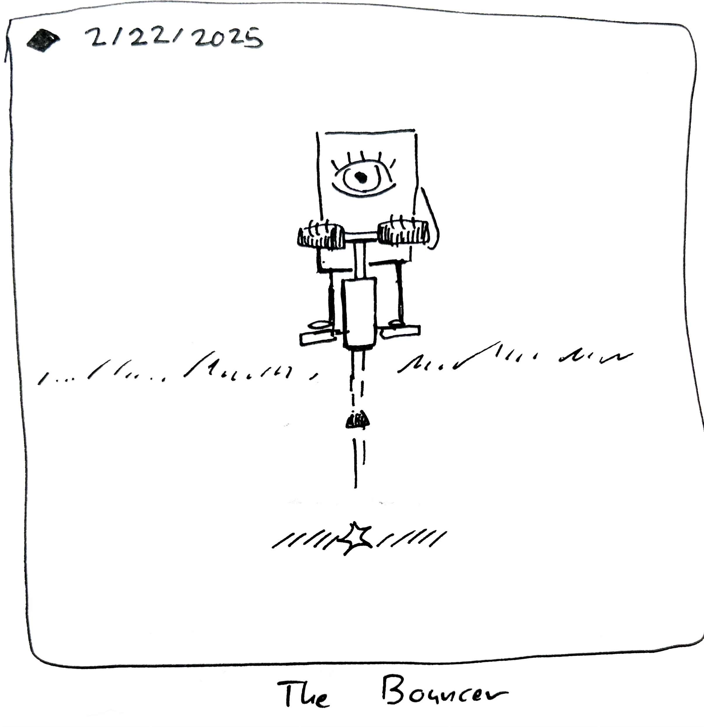 The little guy bounces on a pogo stick. The caption reads "The Bouncer"