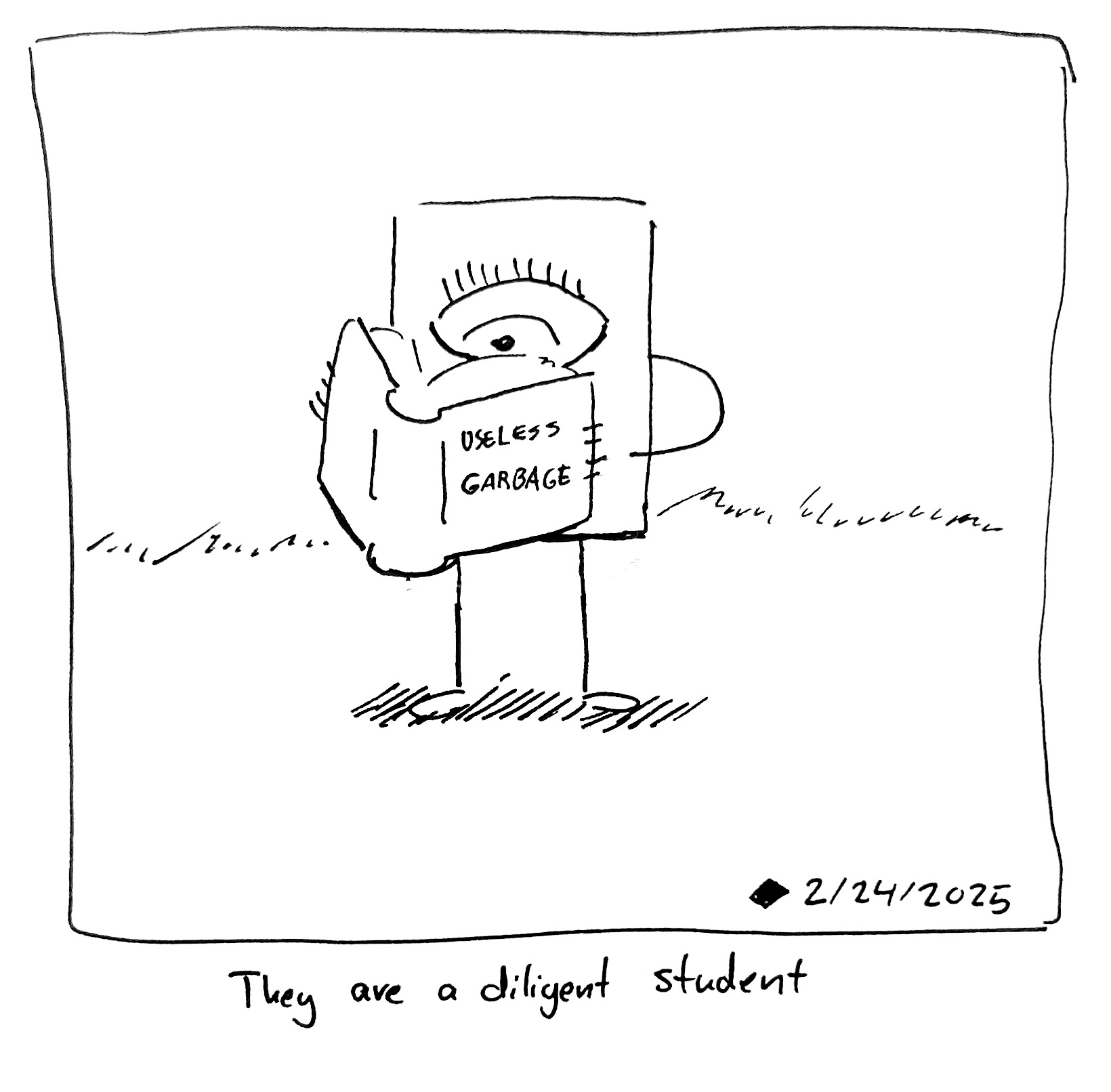 The little guy reading a book called "useless garbage." The caption reads "they are a diligent student"