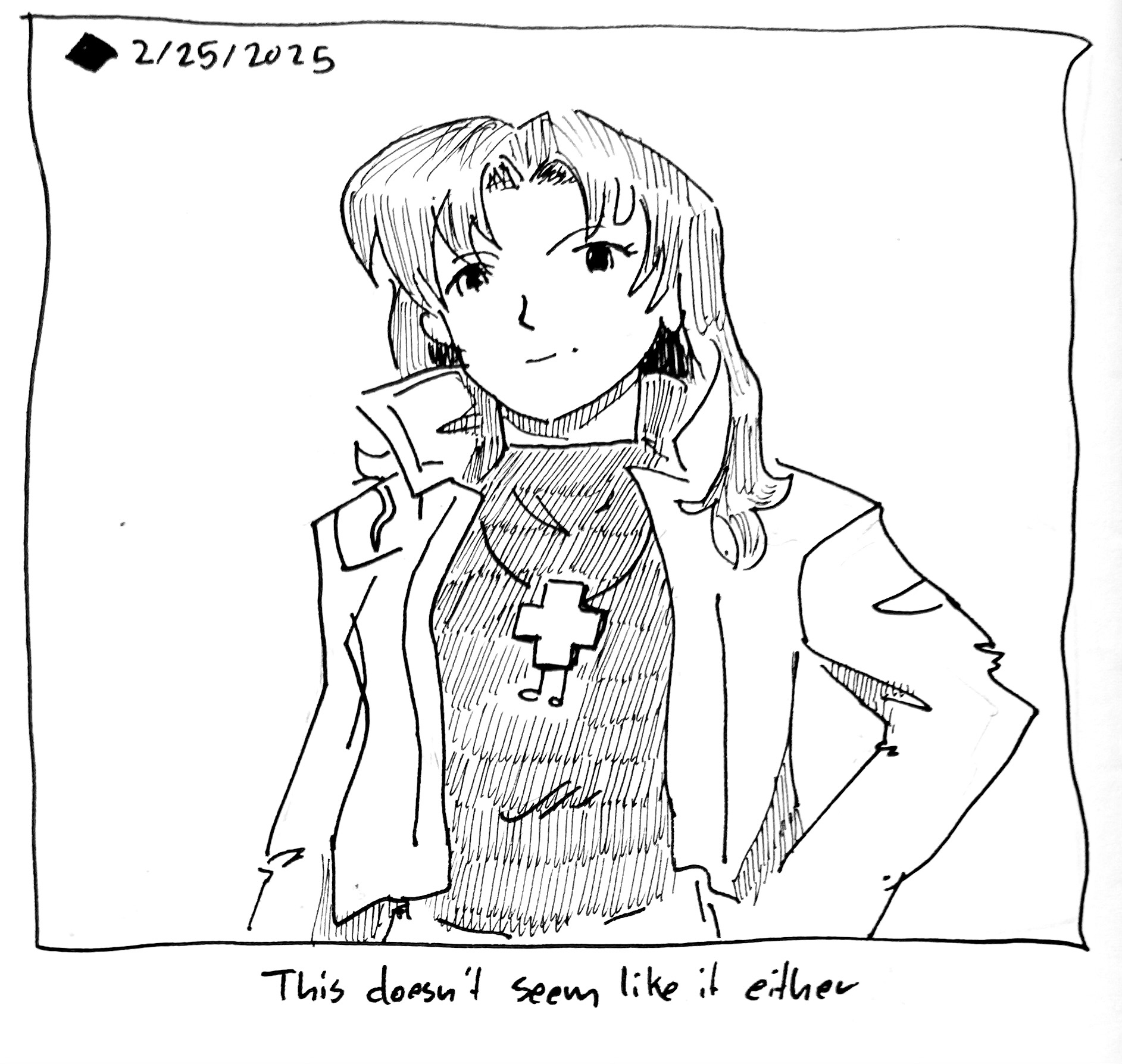 The plus shaped guy hanging around Misato Evangelion's neck like her necklace. The caption reads "this doesn't seem like it either"