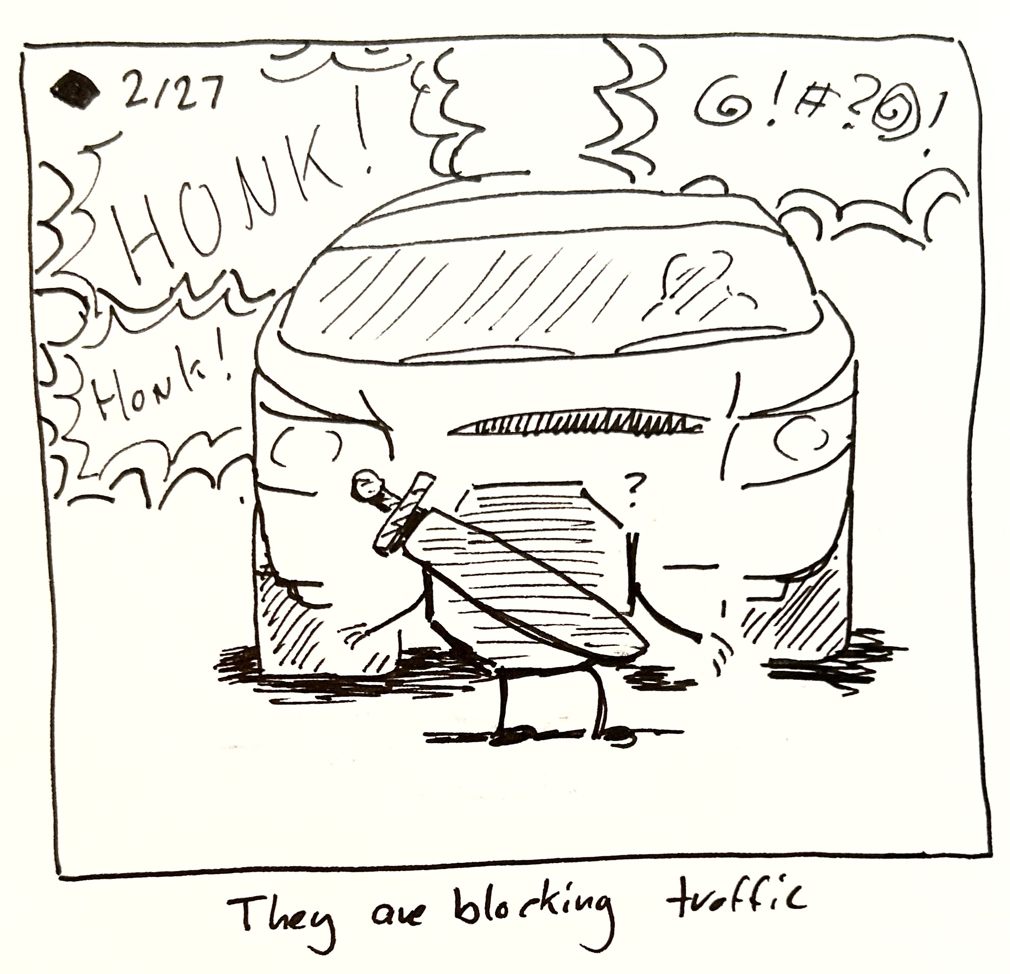 The Warrior stands in front of a car looking confused as it honks at them. The caption reads "they are blocking traffic"