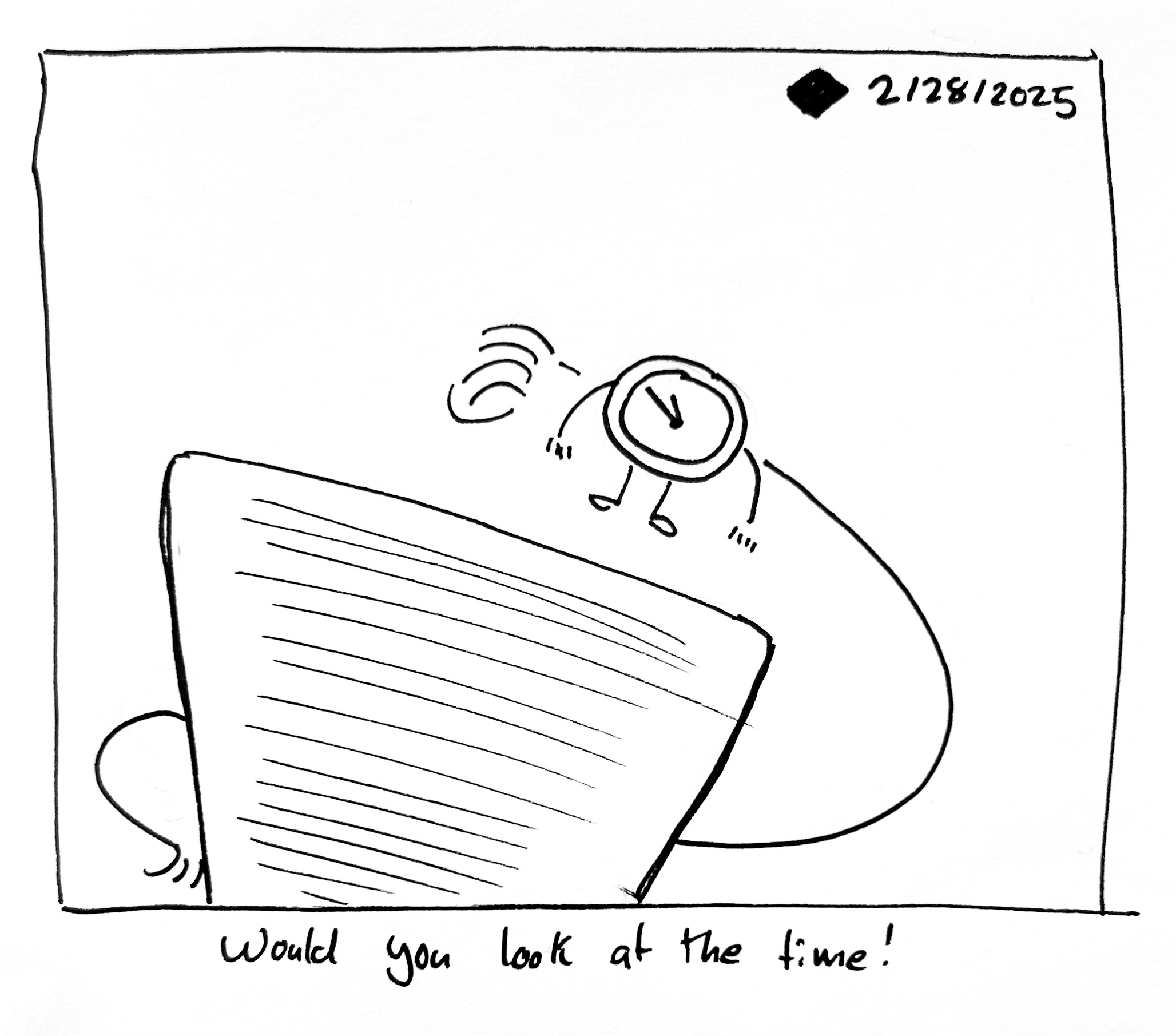 The little guy looks at their watch, which is the Time guy. The caption reads "would you look at the time!"