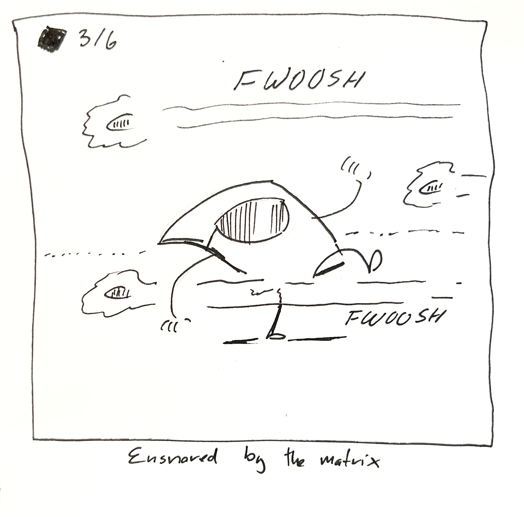 The little guy wearing sunglasses and dodging bullets in bullet time. The caption reads "ensnared by the Matrix"