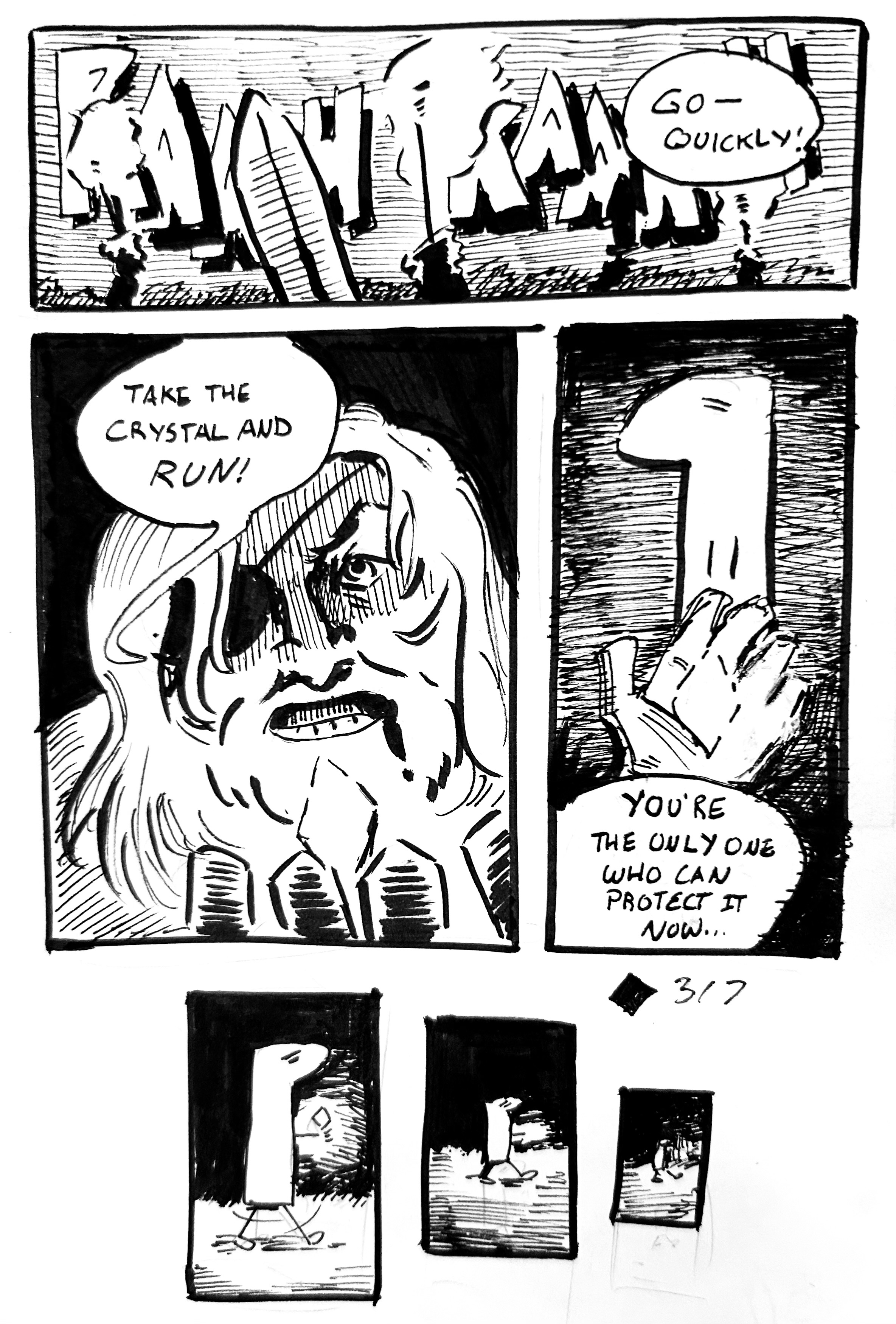 An angry mob with swords and torches chases down the old mercenary and the tall one. Wounded, the mercenary holds out a crystal.
"Go—quickly! Take the crystal and run! You're the only one who can protect it now…" he says, holding it out to the Tall one.
The tall one takes it and scurries off