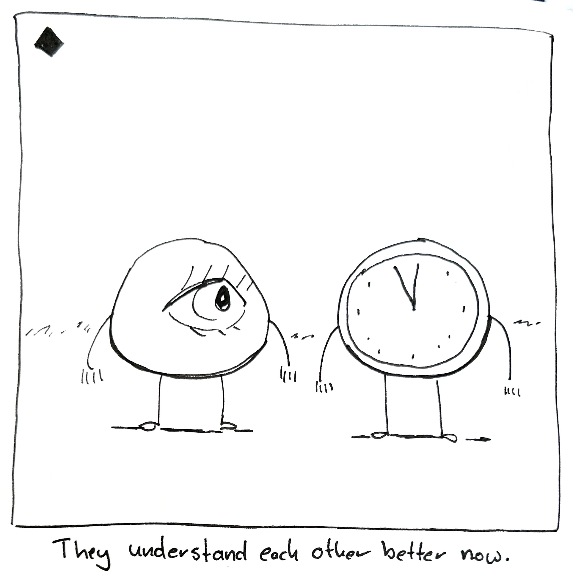 The now round little guy stands next to time, who is also round. The caption reads "they understand each other better now"
