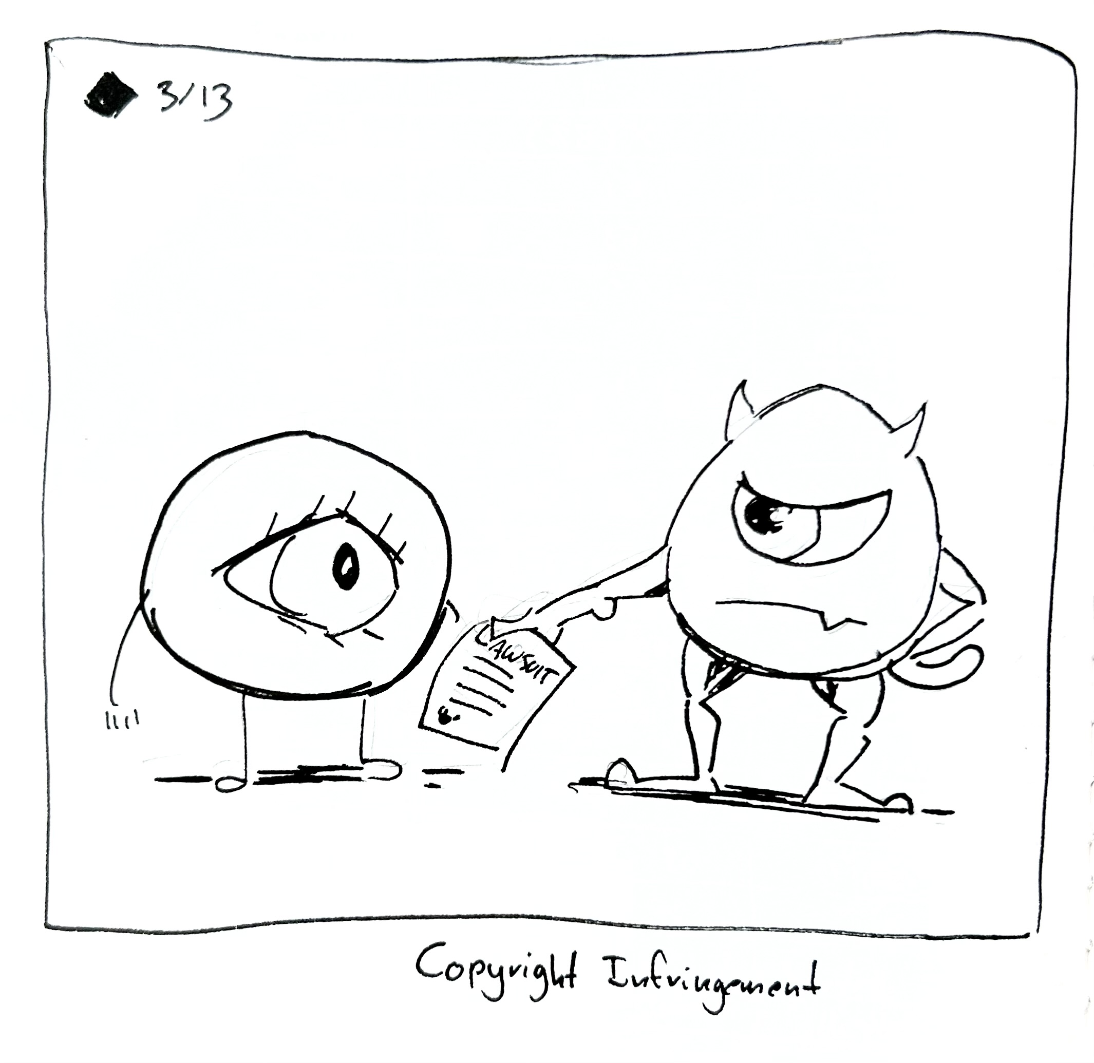 Pixar's Mike Wazowski hands the rounded little guy a lawsuit from Disney, looking angry. The caption reads "copyright infringement"