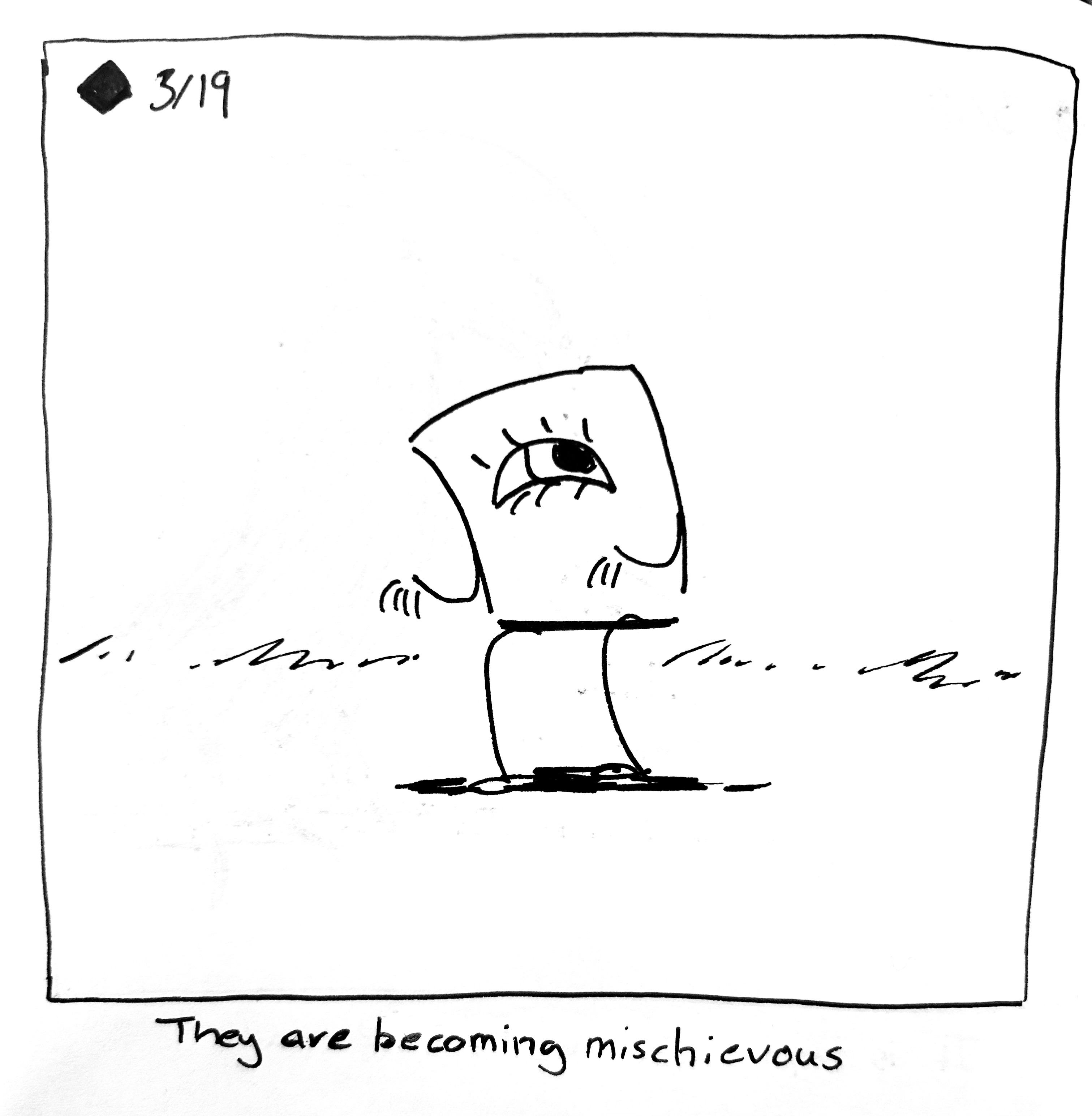 The little guy looking mischievous. The caption reads "they are becoming mischievous"