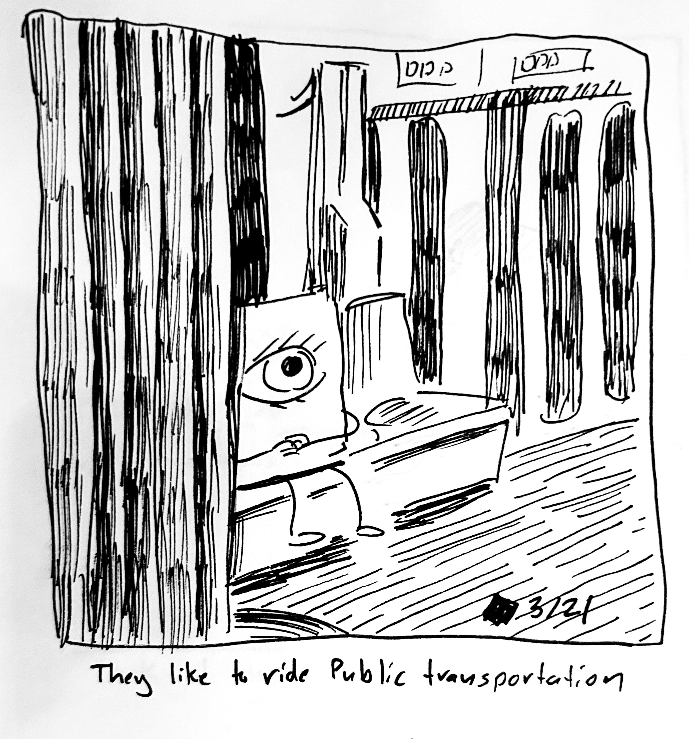 The little guy is sitting on a train. The caption reads "they like to ride public transportation"